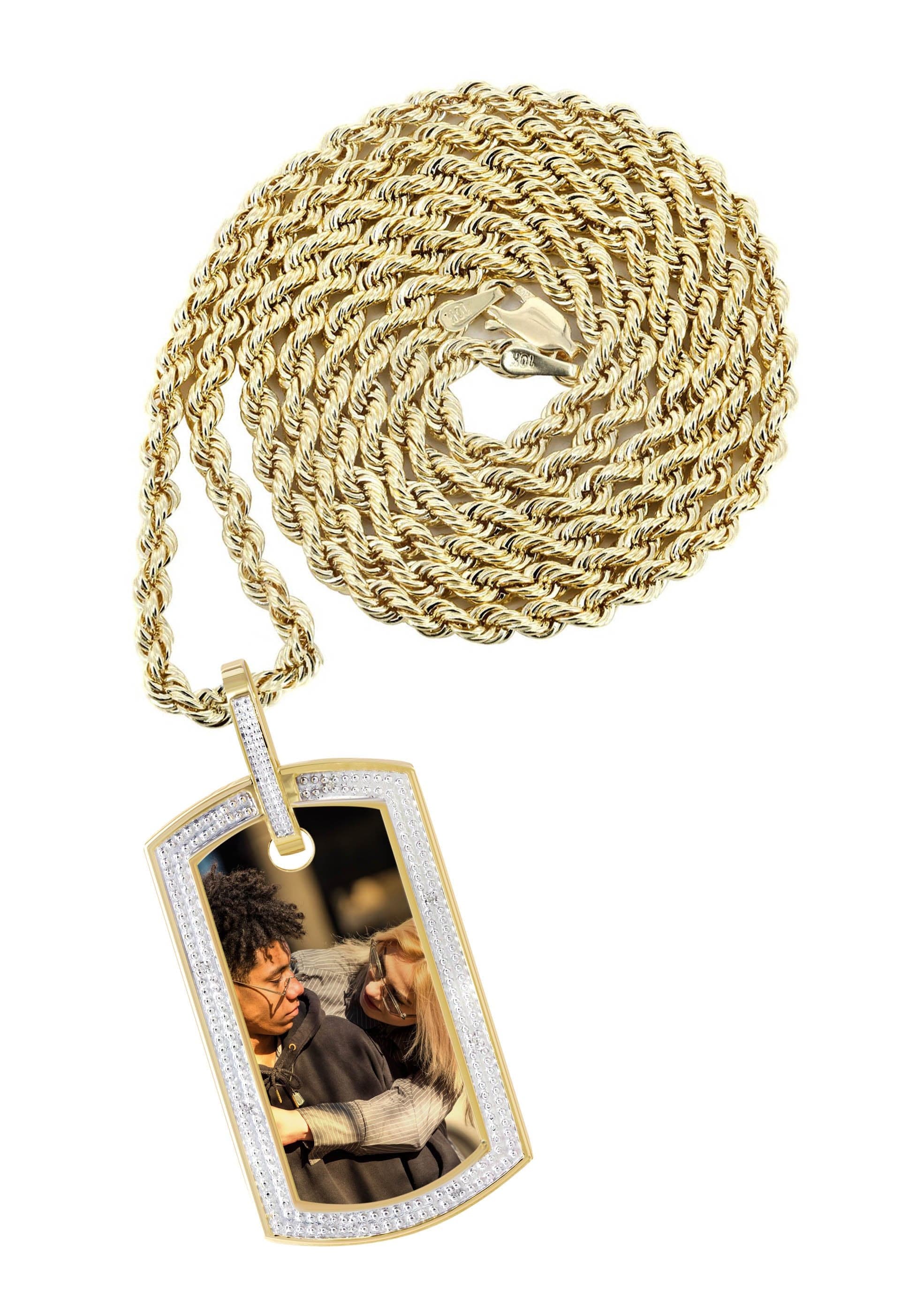 10K Yellow Gold Diamond Dog Tag Picture Pendant Necklace | Appx. 20 Grams