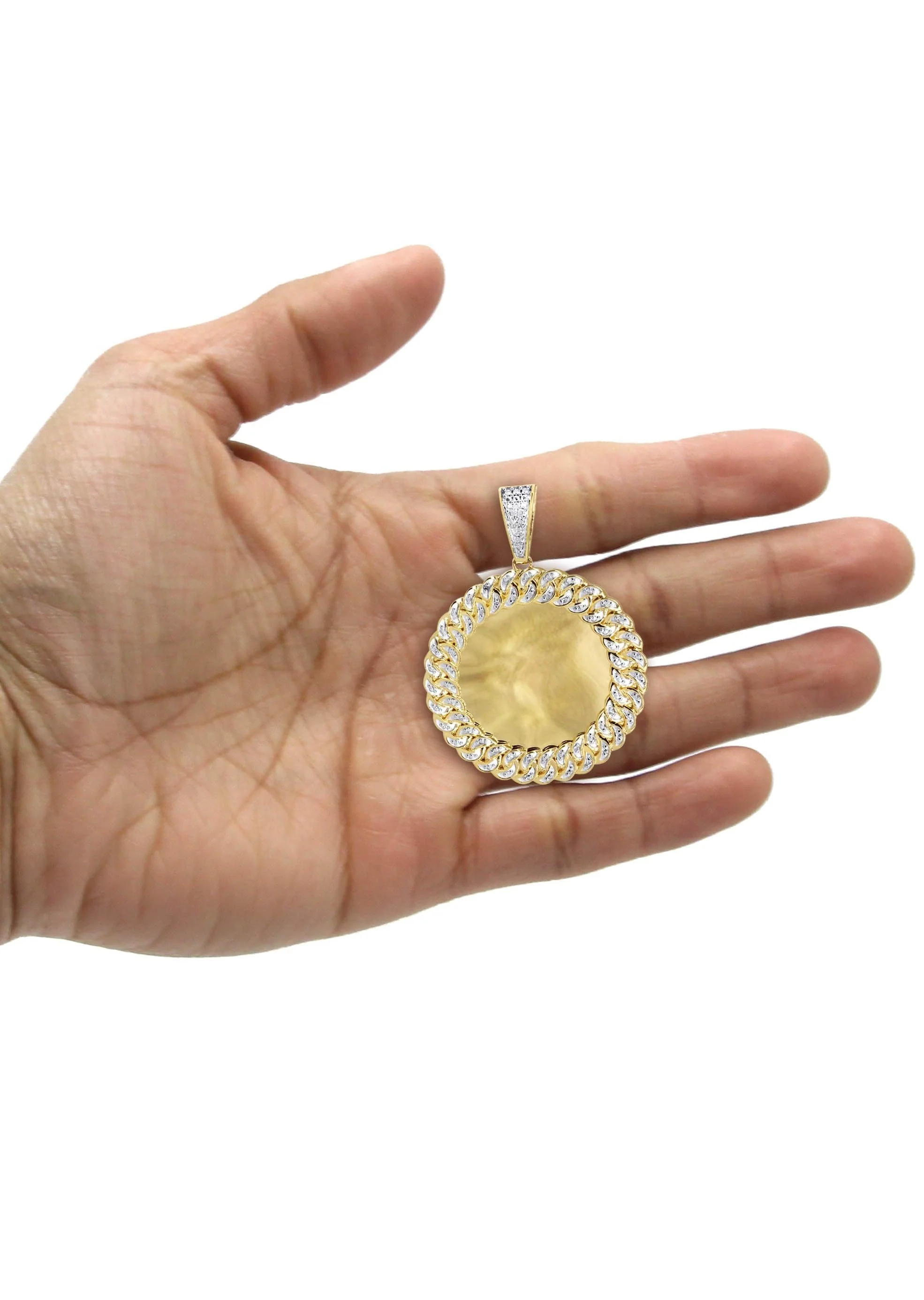 10K Yellow Gold Large Diamond Round Cuban Picture Pendant Necklace | Appx. 24 Grams - Image 5