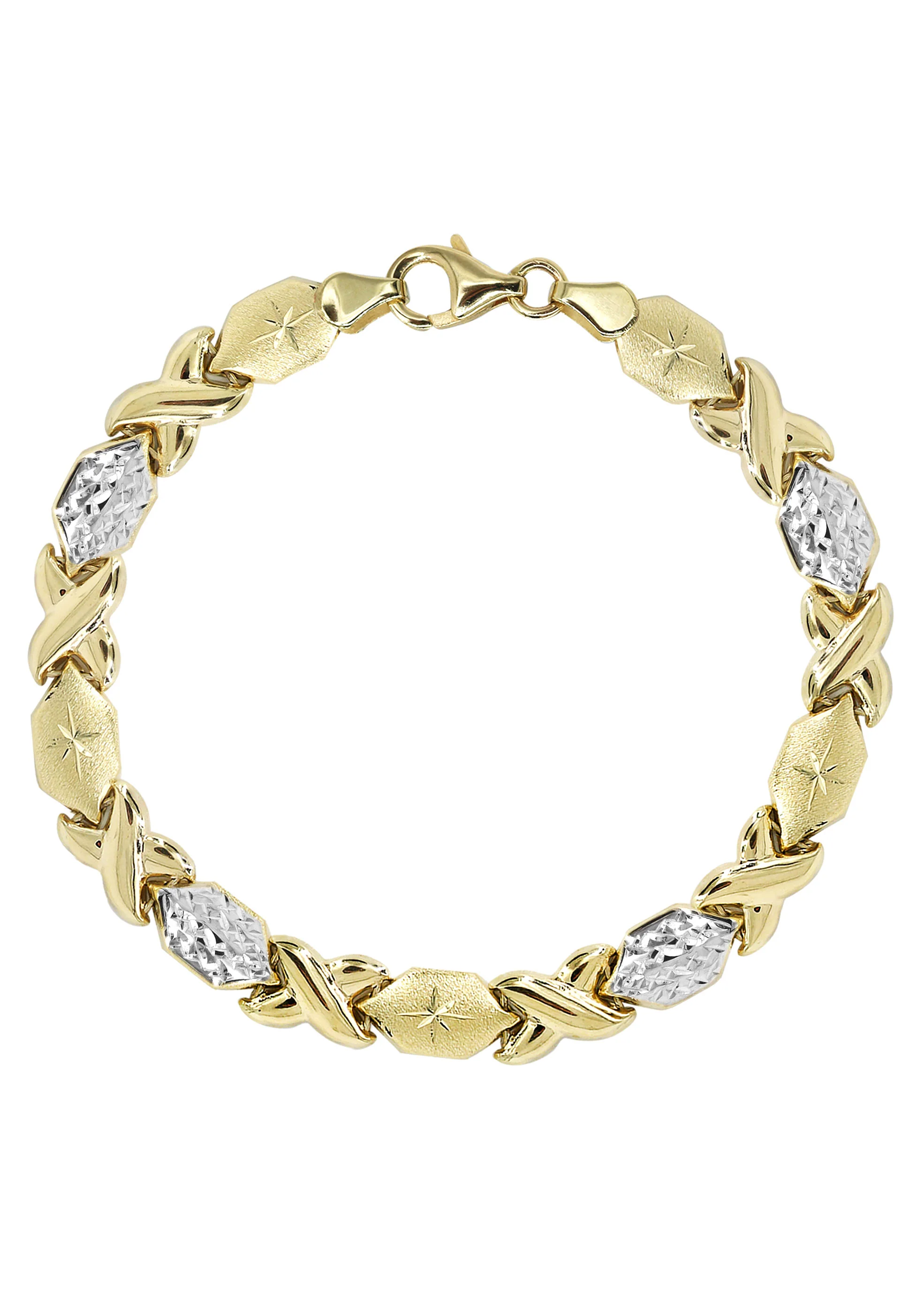 YELLOW GOLD "XO" HOLLOW DIAMOND CUT TWO TONE BRACELET FOR WOMEN | APPX 5.4 GRAMS