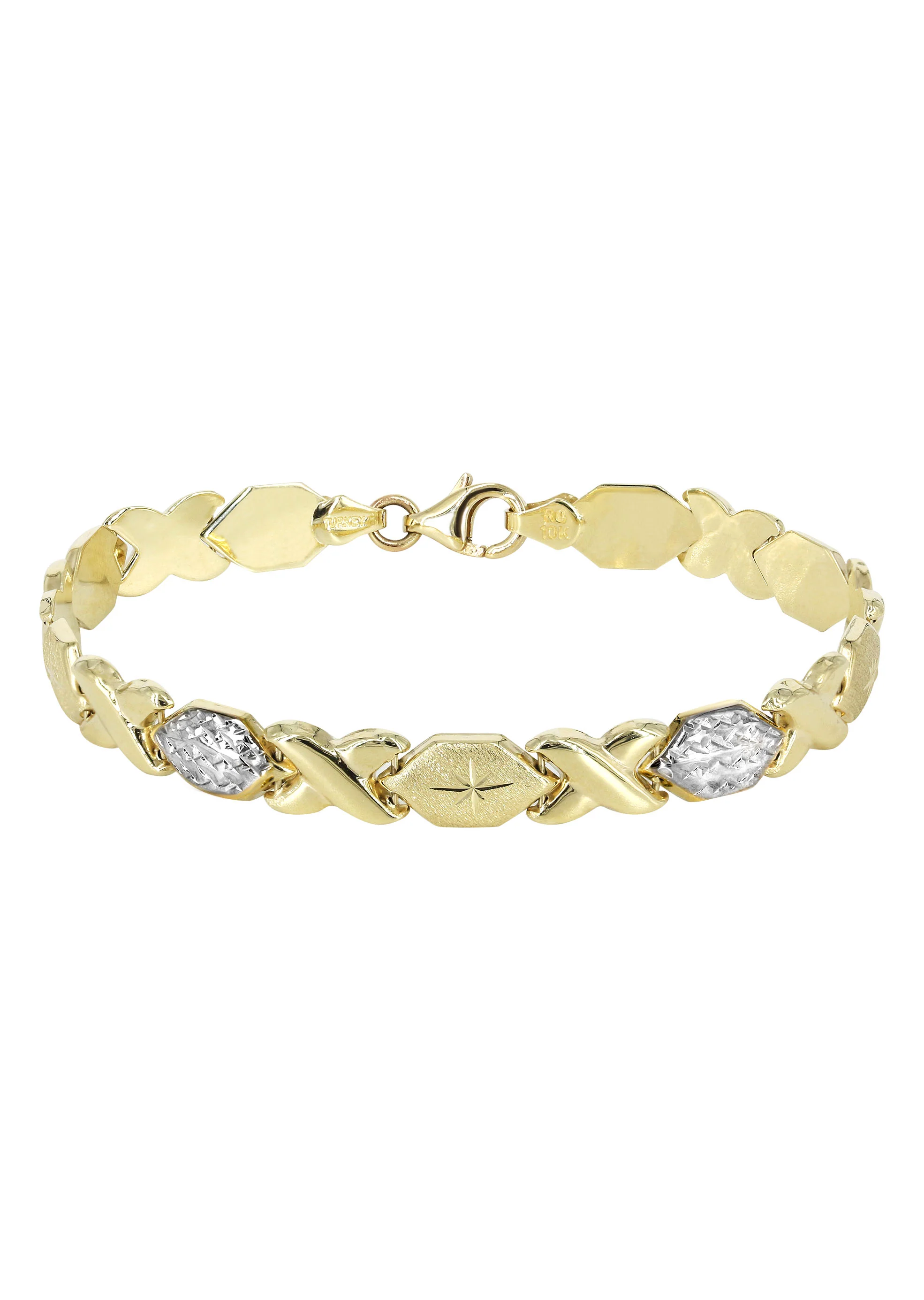 YELLOW GOLD "XO" HOLLOW DIAMOND CUT TWO TONE BRACELET FOR WOMEN | APPX 5.4 GRAMS - Image 3