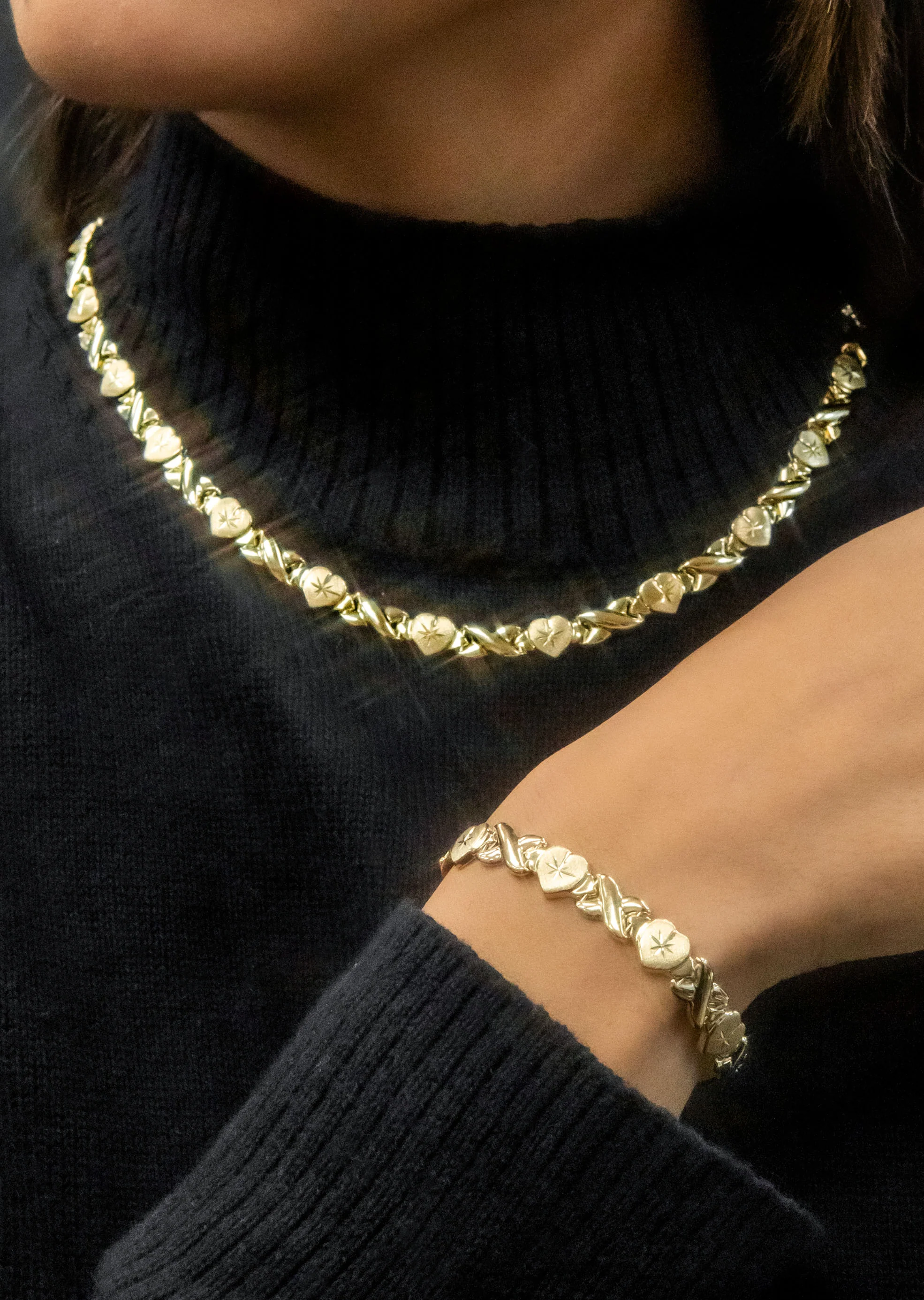 YELLOW GOLD "XO HEART" HOLLOW NECKLACE & BRACELET SET FOR WOMEN | APPX 16.9 GRAMS