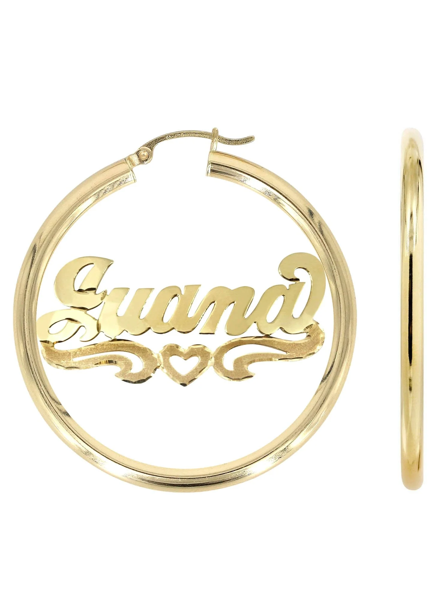14K Ladies Diamond Cut Heart Name Plate Hoop Earrings