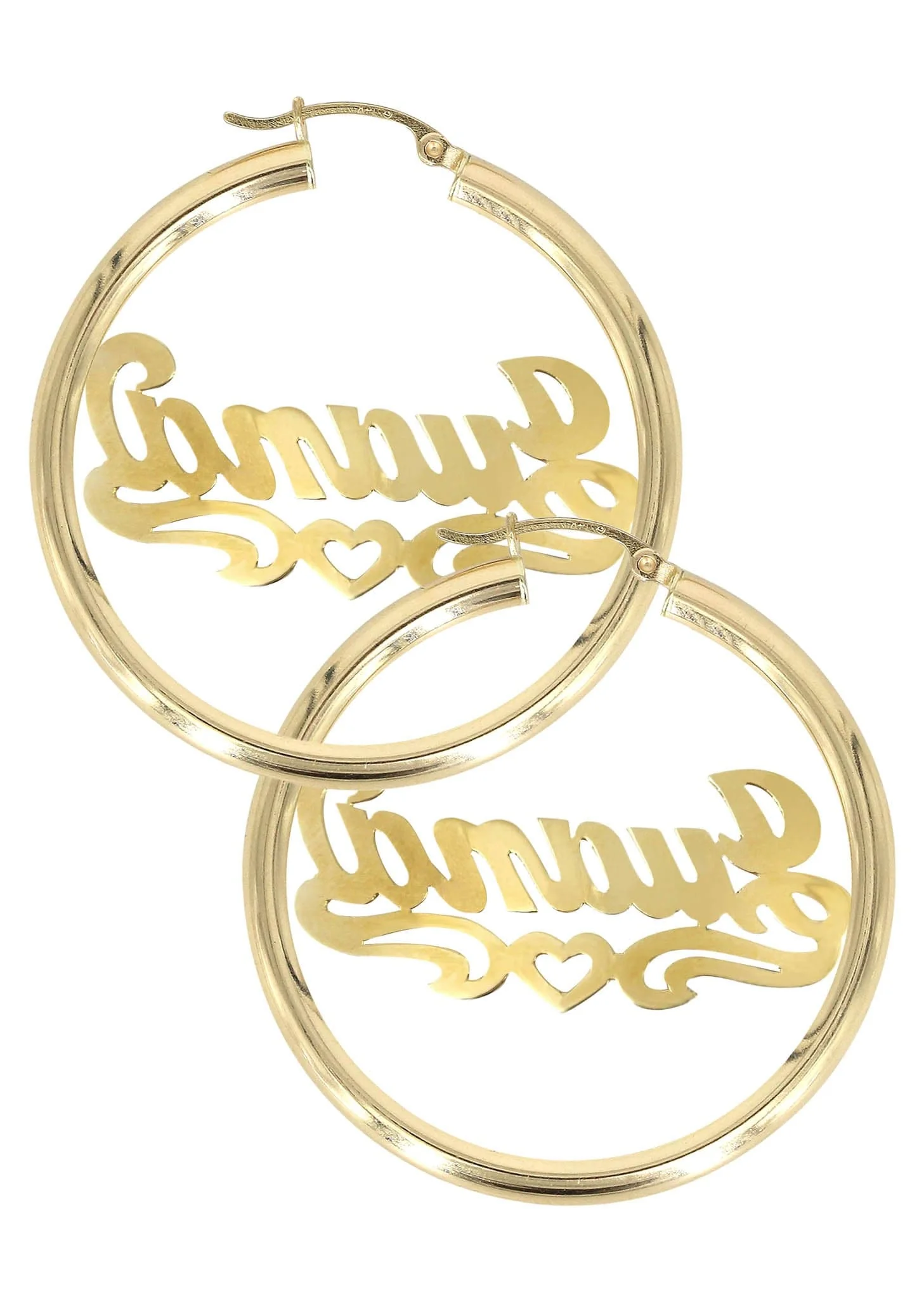 14K Ladies Diamond Cut Heart Name Plate Hoop Earrings - Image 2