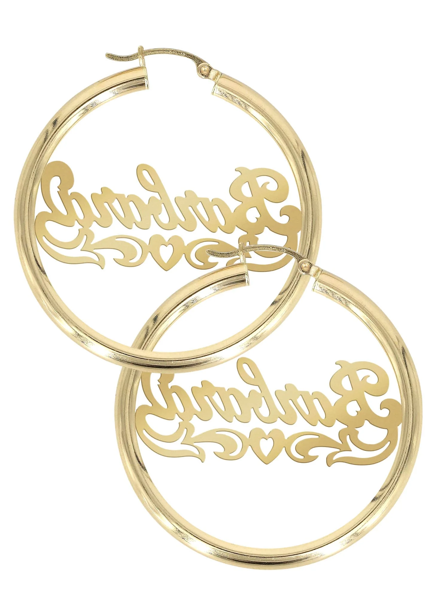 14K Ladies Diamond Cut Heart Name Plate Hoop Earrings - Image 2