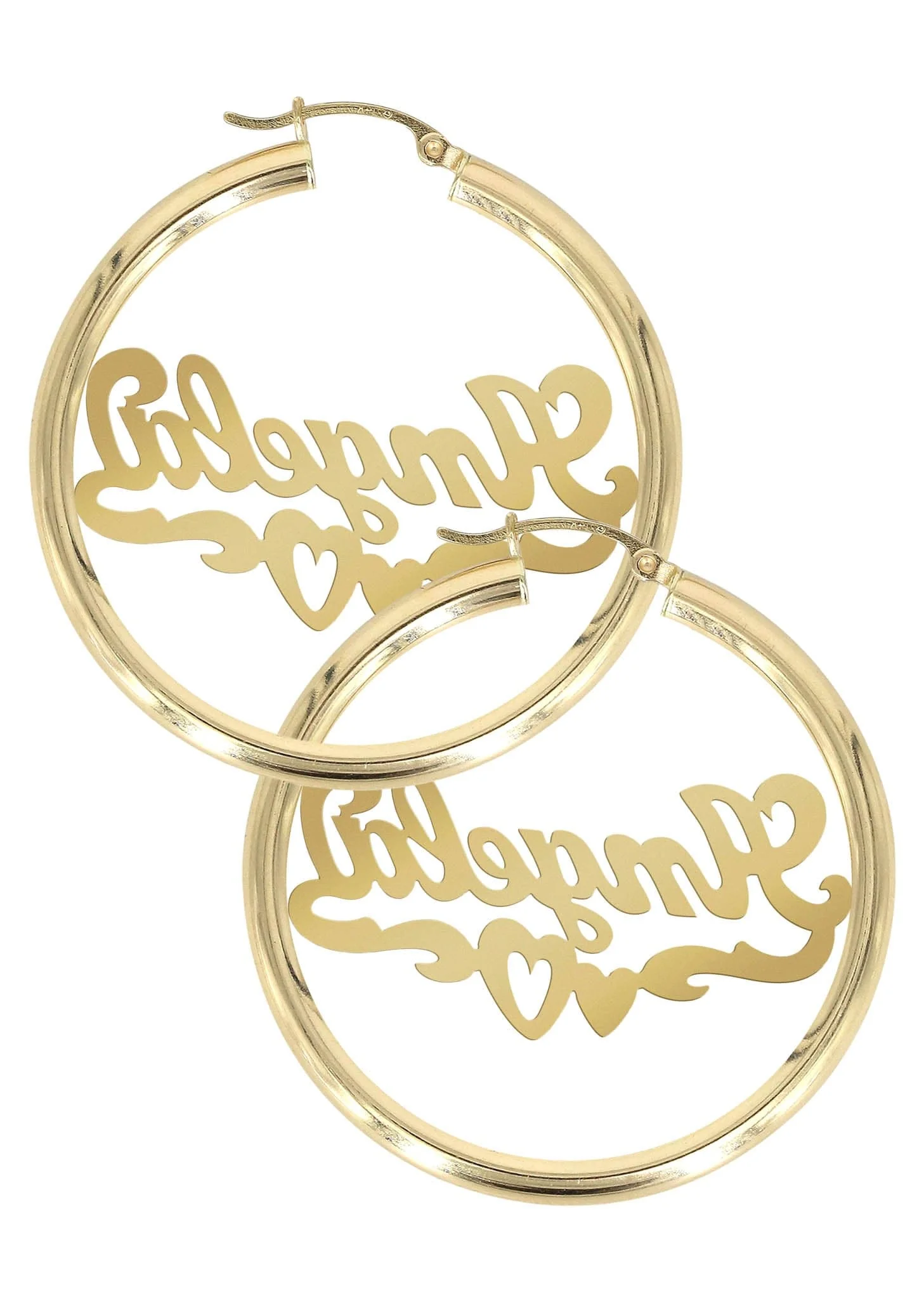 14K Ladies Diamond Cut Heart Name Plate Hoop Earrings - Image 2