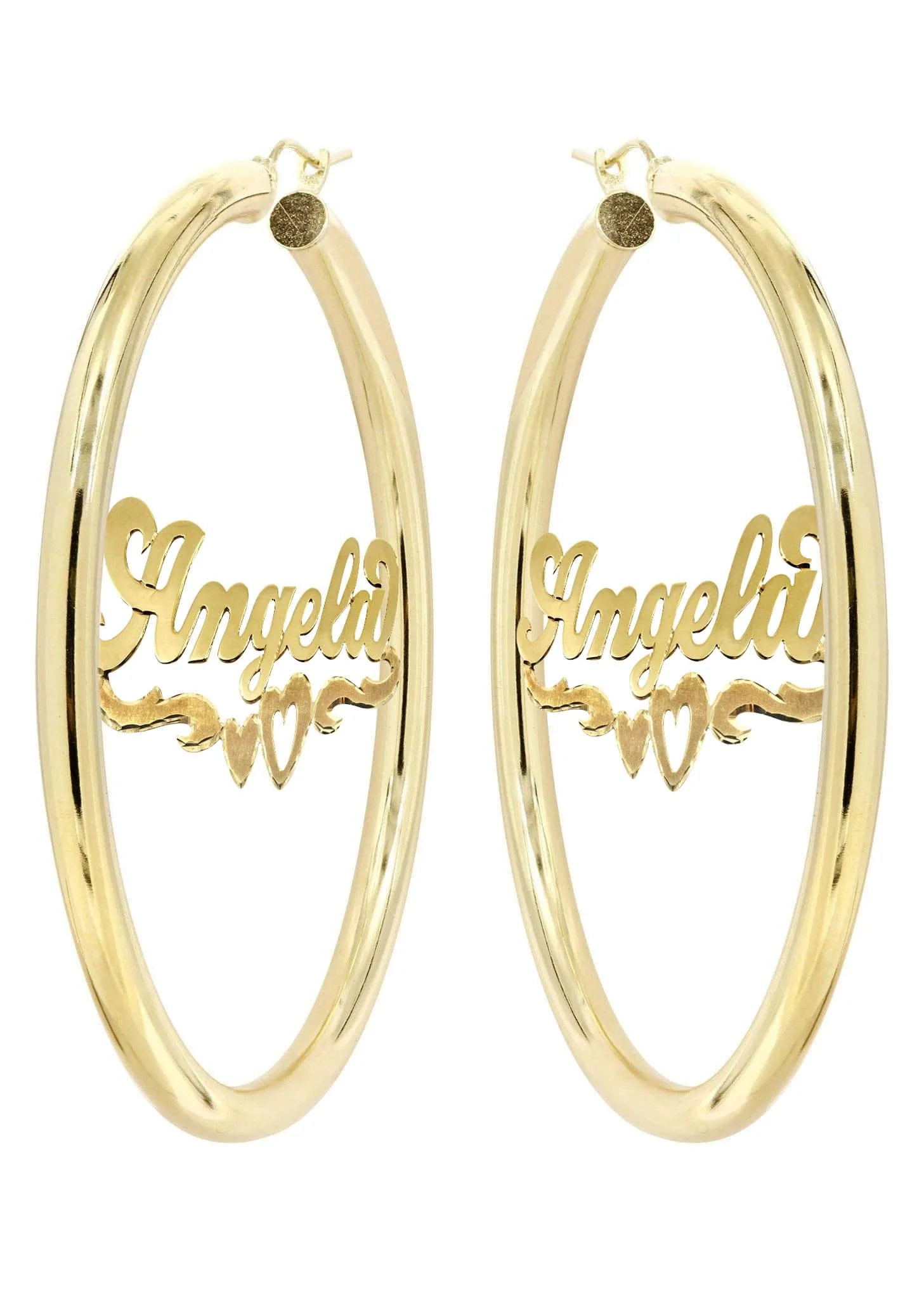 14K Ladies Diamond Cut Heart Name Plate Hoop Earrings - Image 3