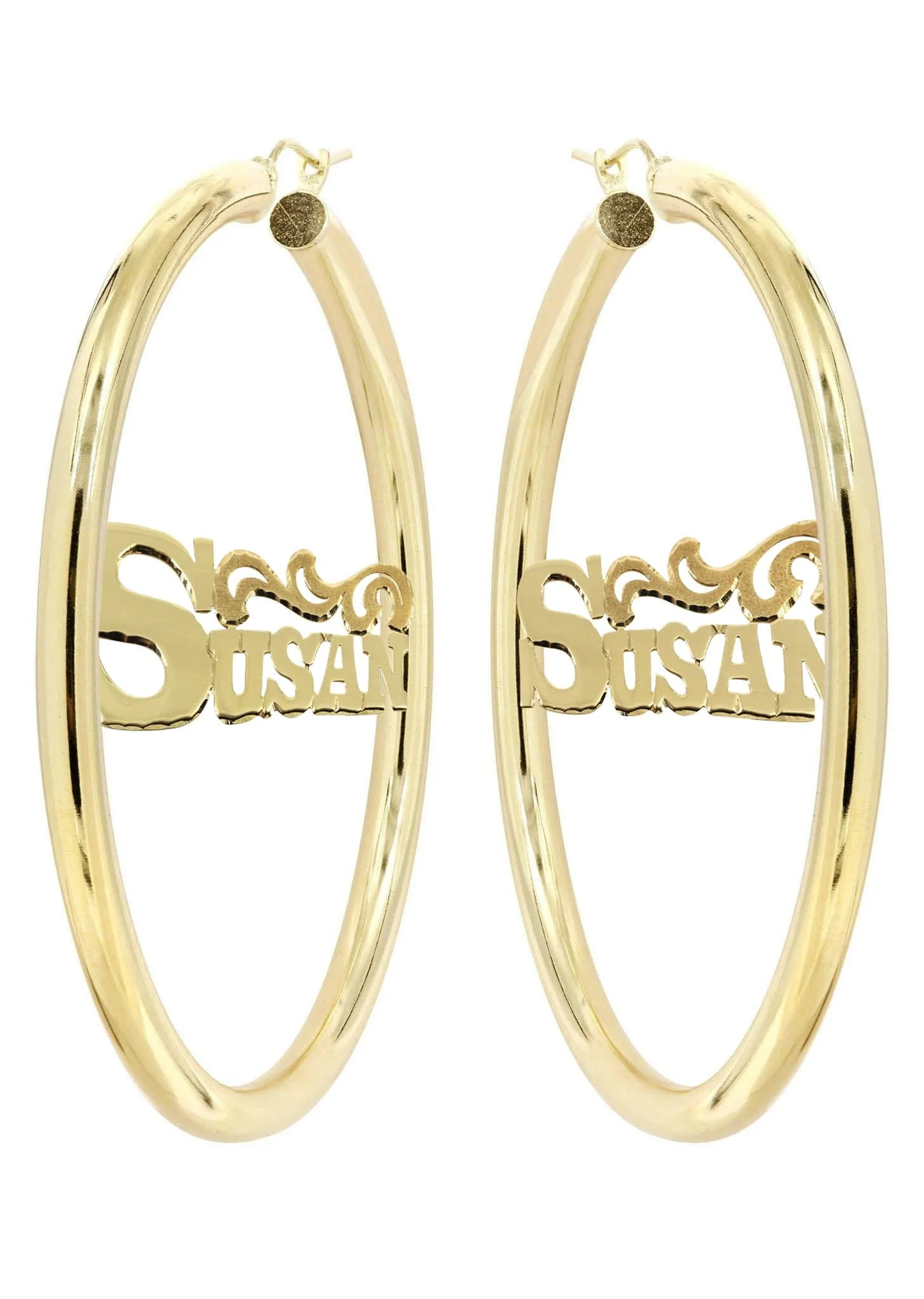 14K Ladies Name Diamond Cut Name Plate Hoop Earrings - Image 3