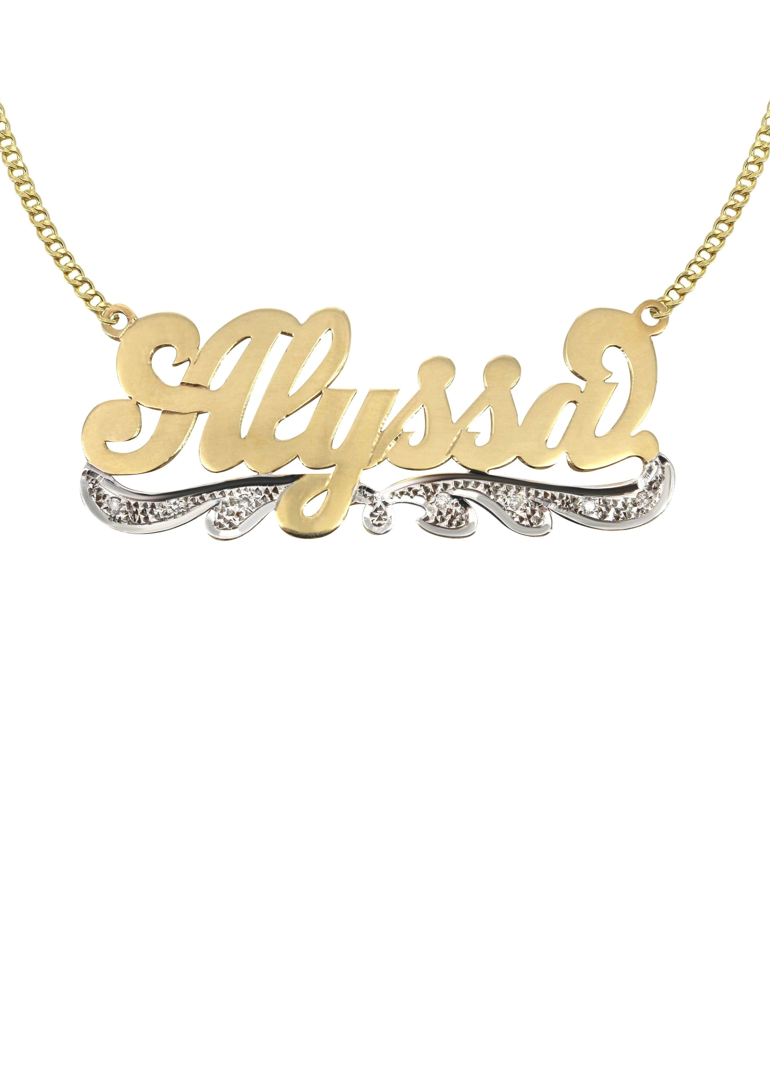 14K Gold  Plain & Diamond Cut with Diamonds Name Plate Necklace | Style #65