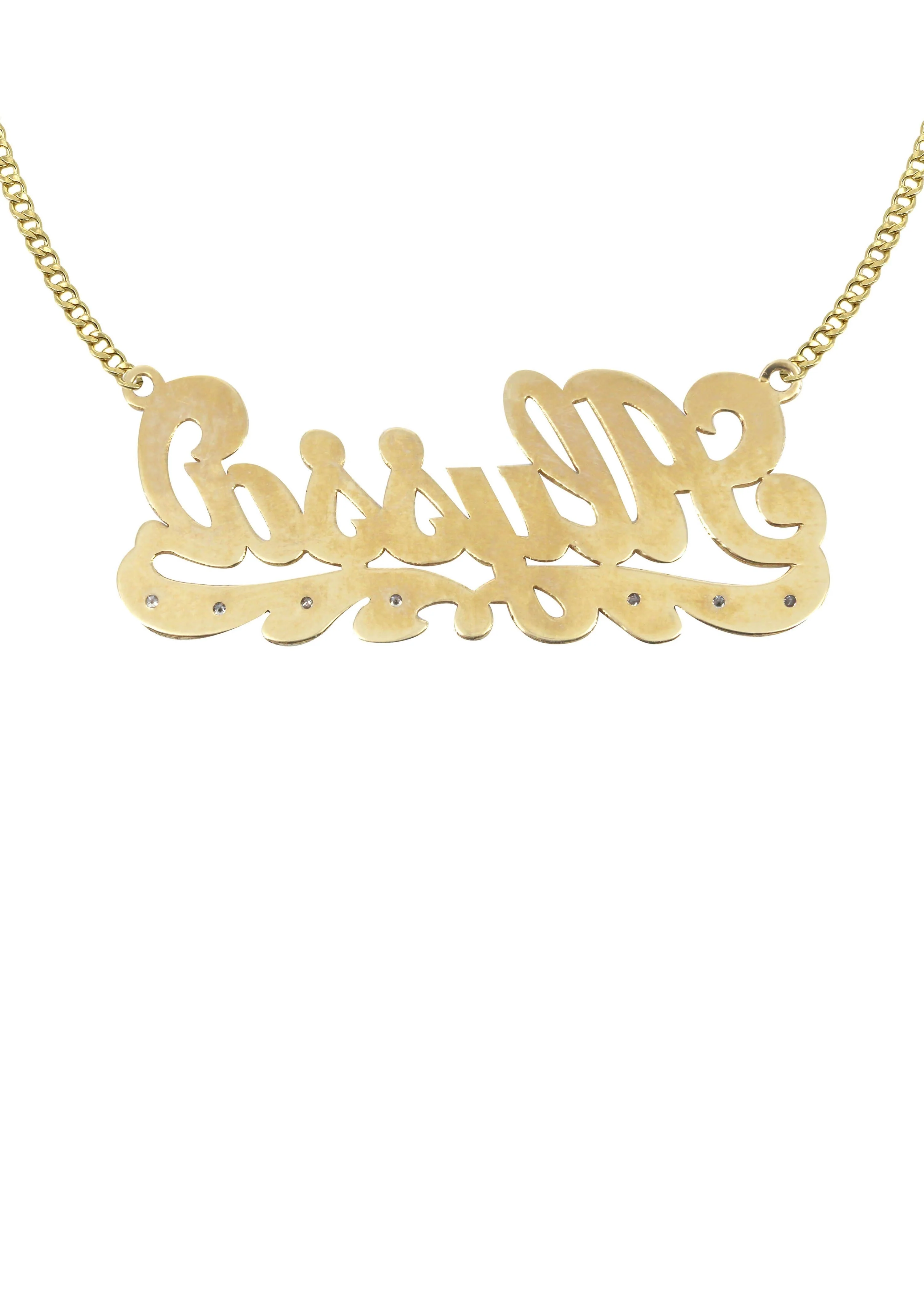 14K Gold  Plain & Diamond Cut with Diamonds Name Plate Necklace | Style #65 - Image 2