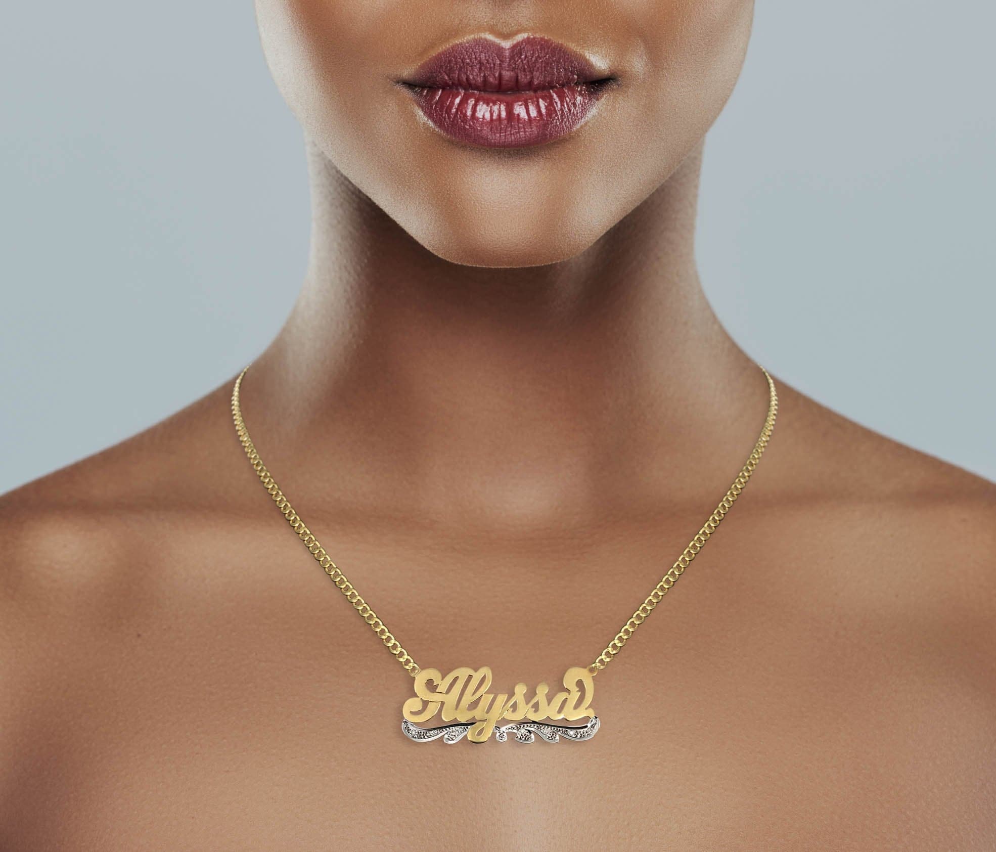 14K Gold  Plain & Diamond Cut with Diamonds Name Plate Necklace | Style #65 - Image 4