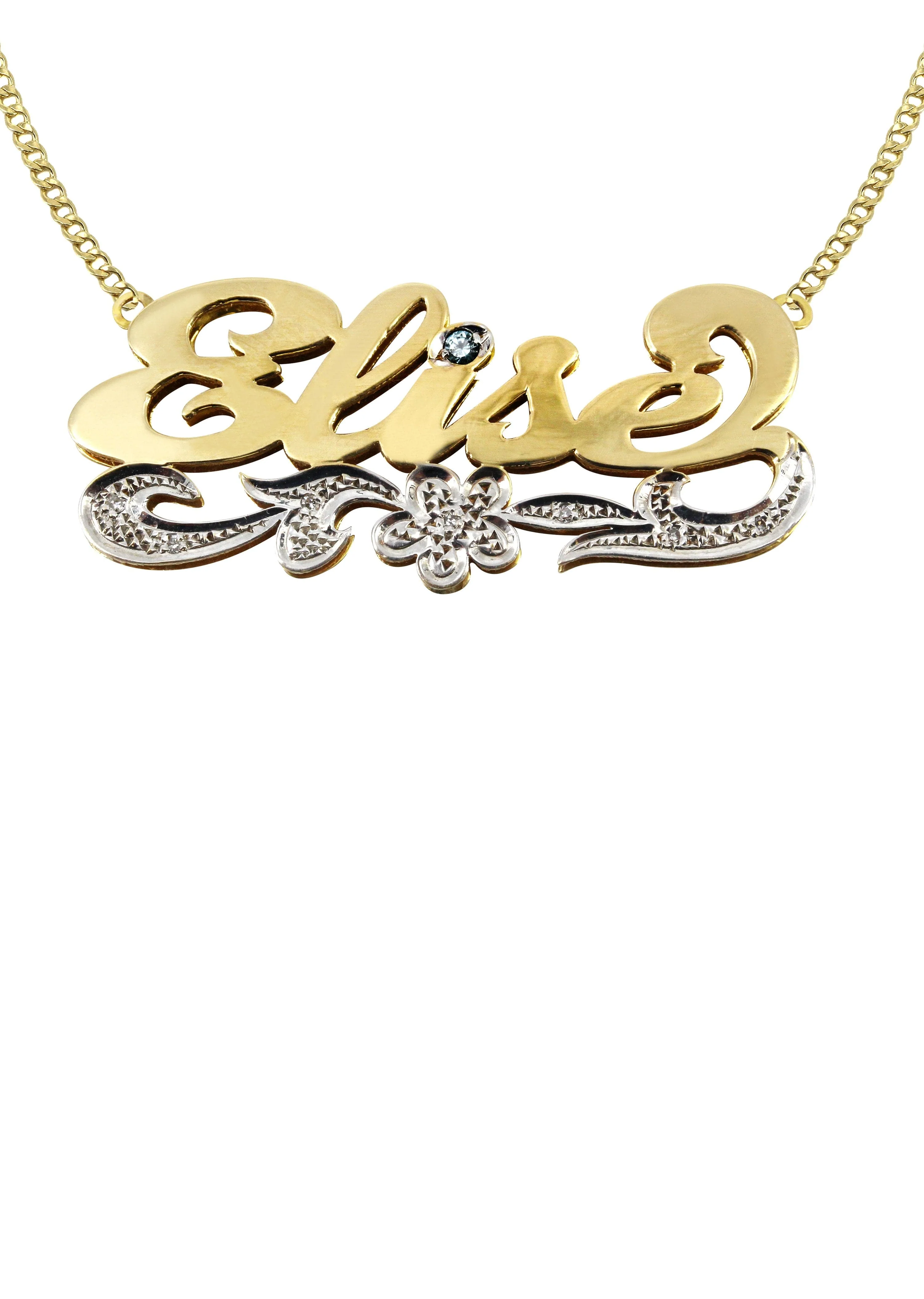 14K Gold  Two Tone Diamond Cut Name Plate Necklace | Style #50