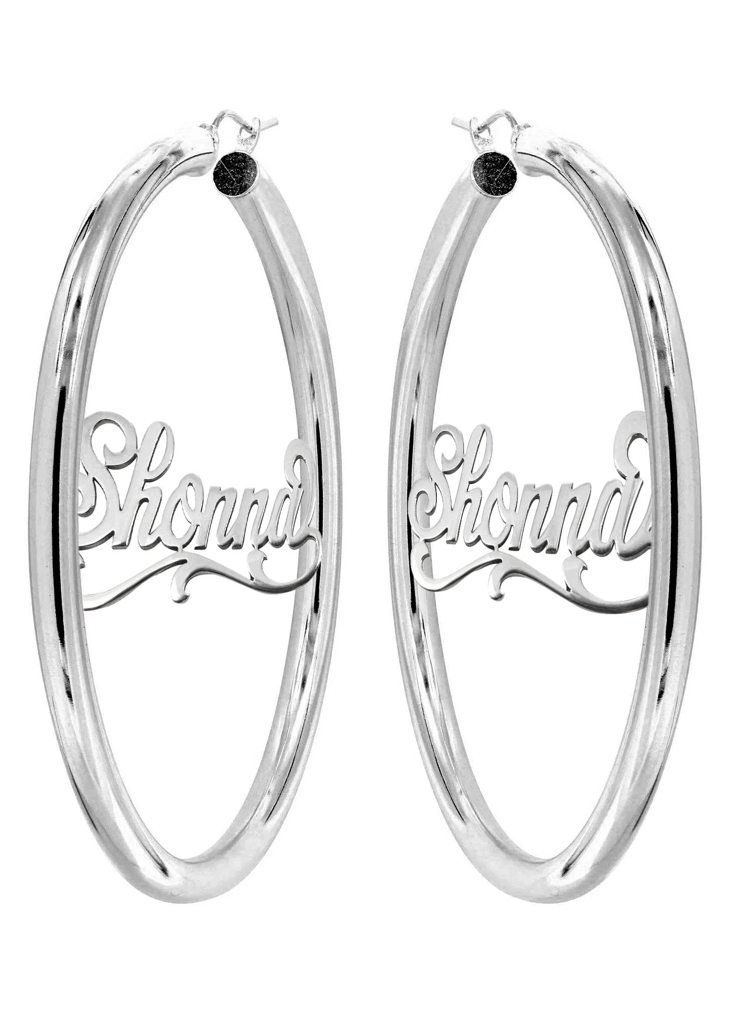 14K Ladies White Gold Name Plate Hoop Earrings - Image 3
