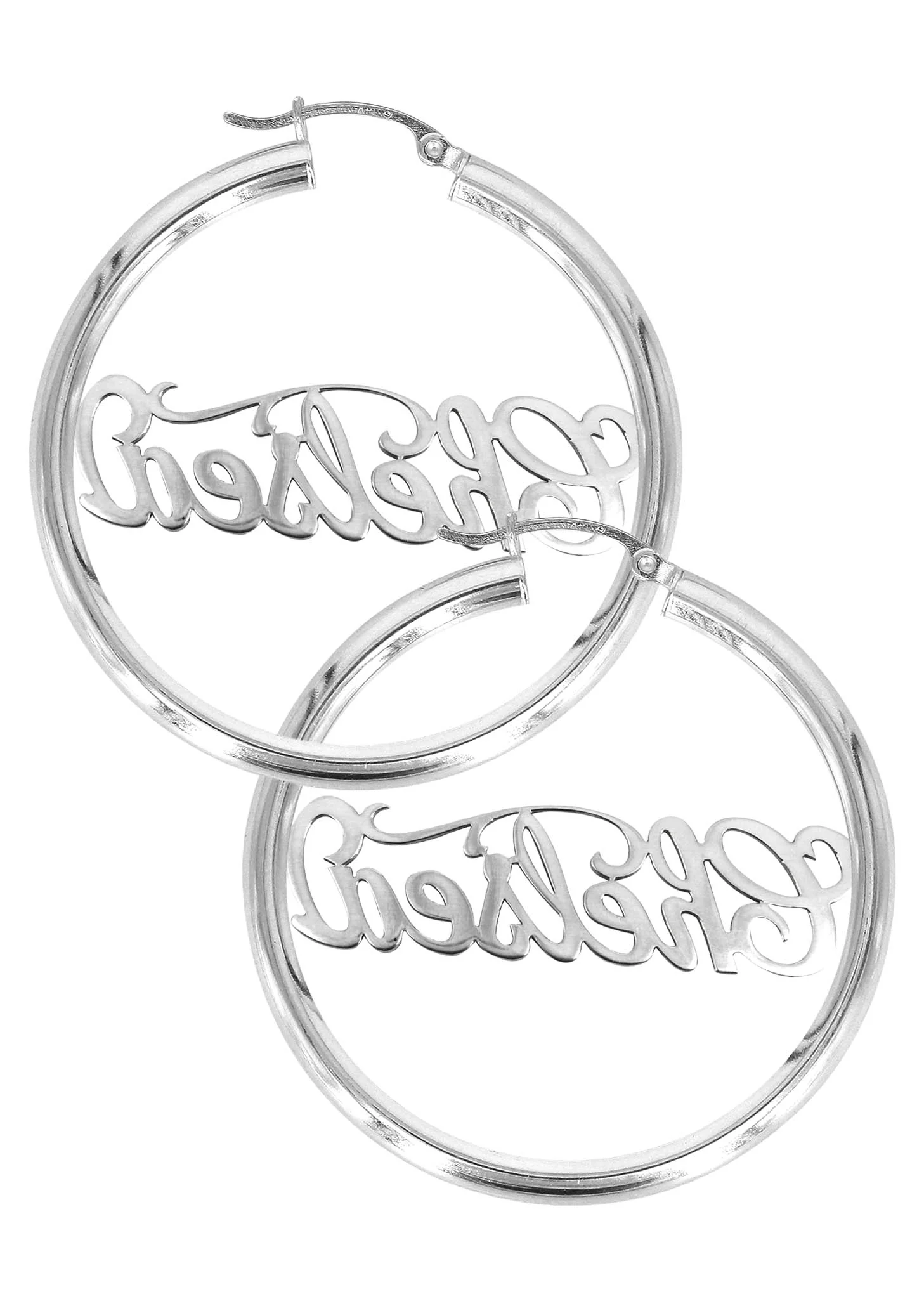 14K Ladies White Gold Name Plate Hoop Earrings - Image 2