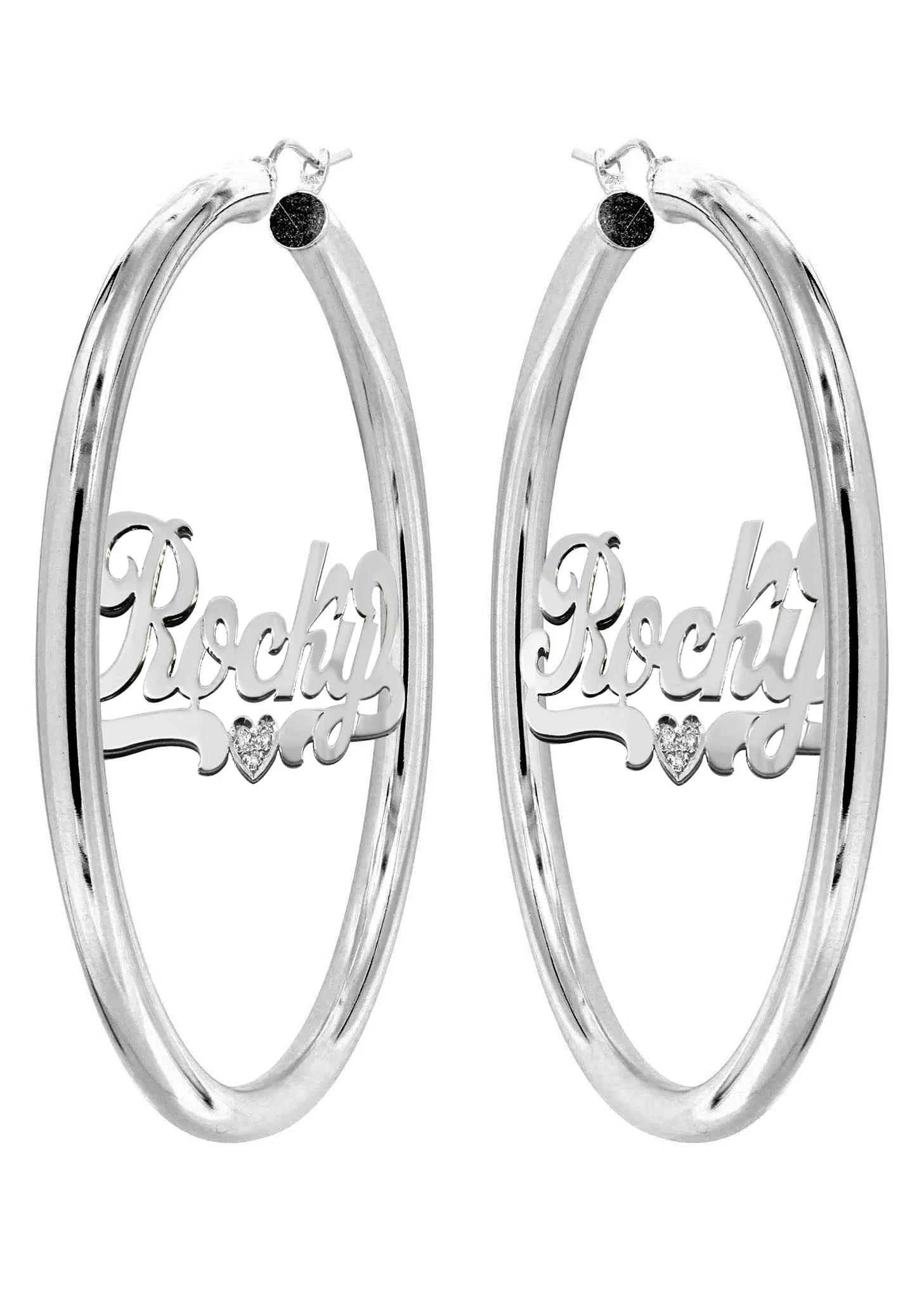 14K Ladies White Gold with Diamond Name Plate Hoop Earrings - Image 3