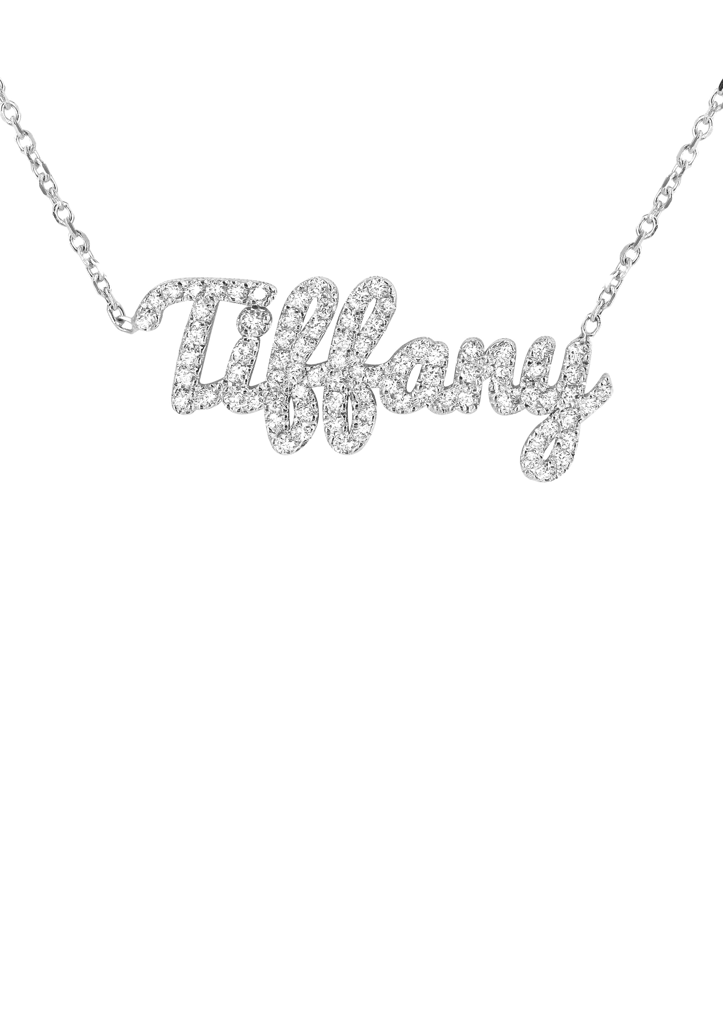 14K White Gold  Full Diamond Script Name Plate Necklace | Style #39