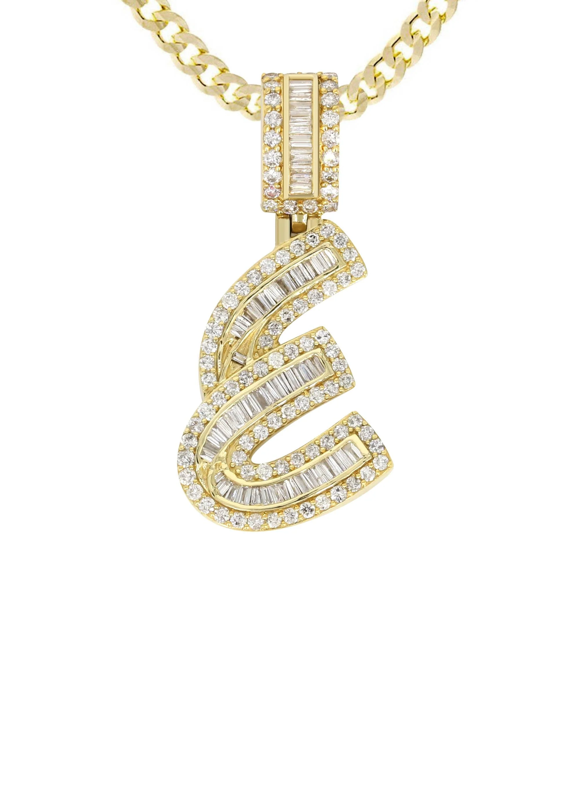 14K Yellow Gold Letter "E" Baguette Diamond Necklace | 1.96 Carats - Image 2