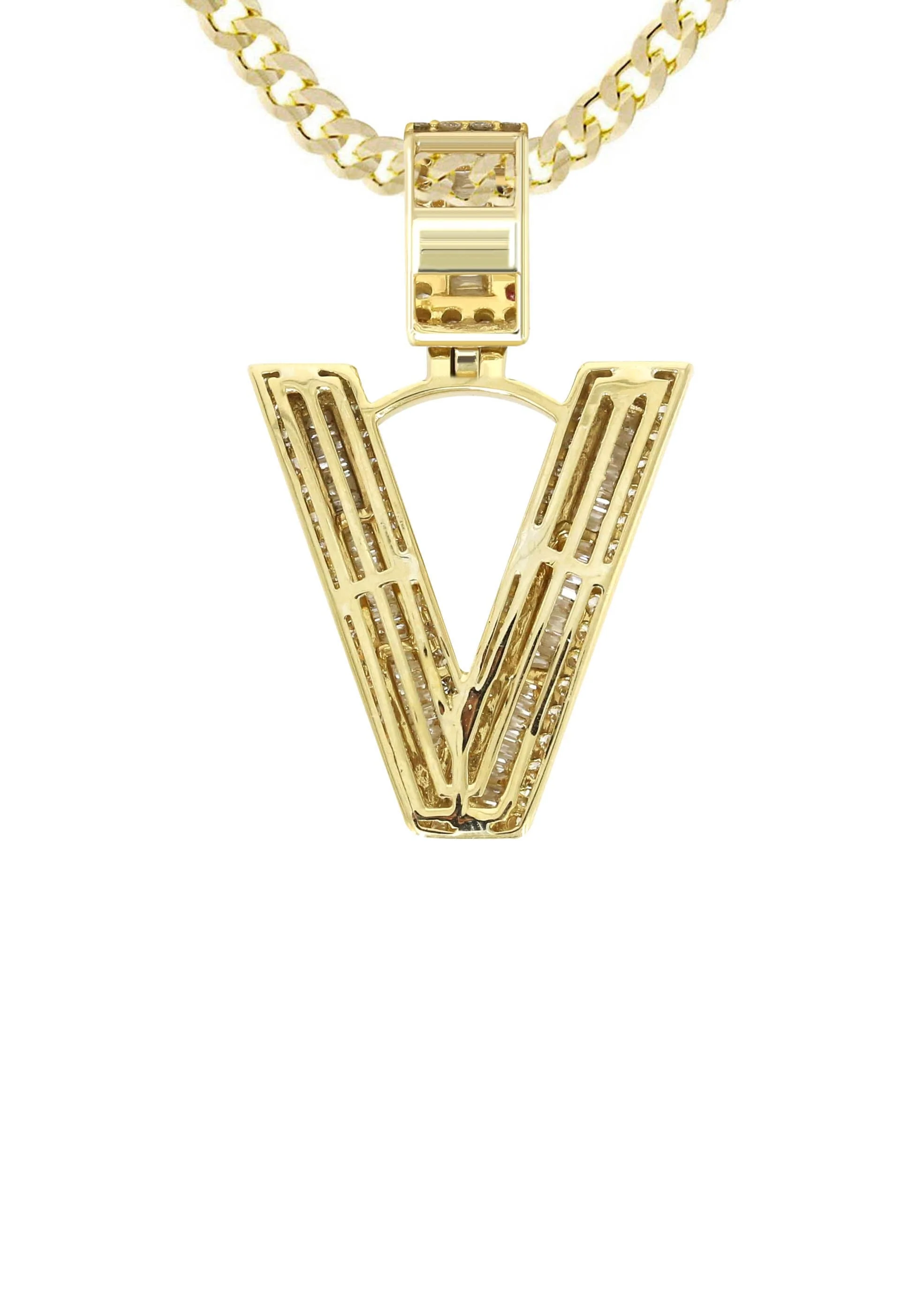 14K Yellow Gold Letter "V" Baguette Diamond Necklace | 1.81 Carats - Image 3