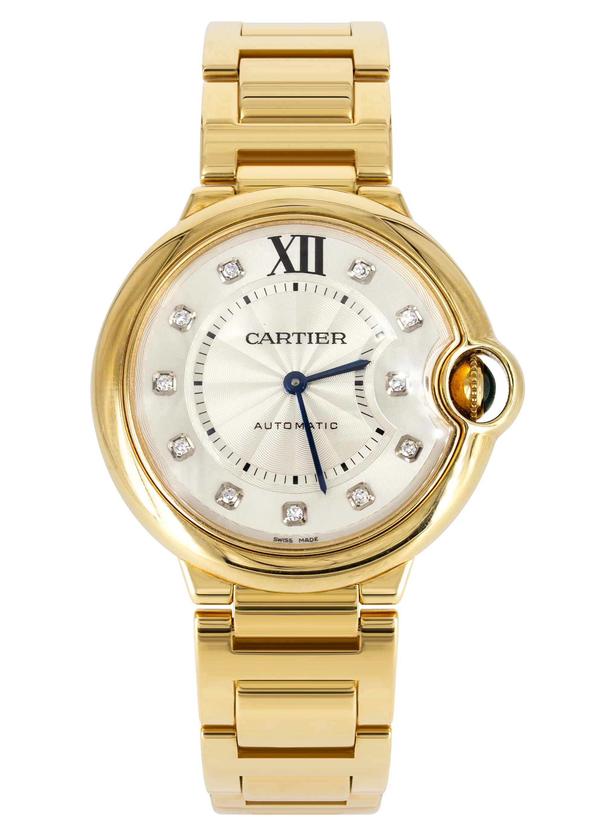 CARTIER DIAMOND BALLON BLEU WATCH IN 18K GOLD | SILVER DIAMOND DIAL | 36 MM