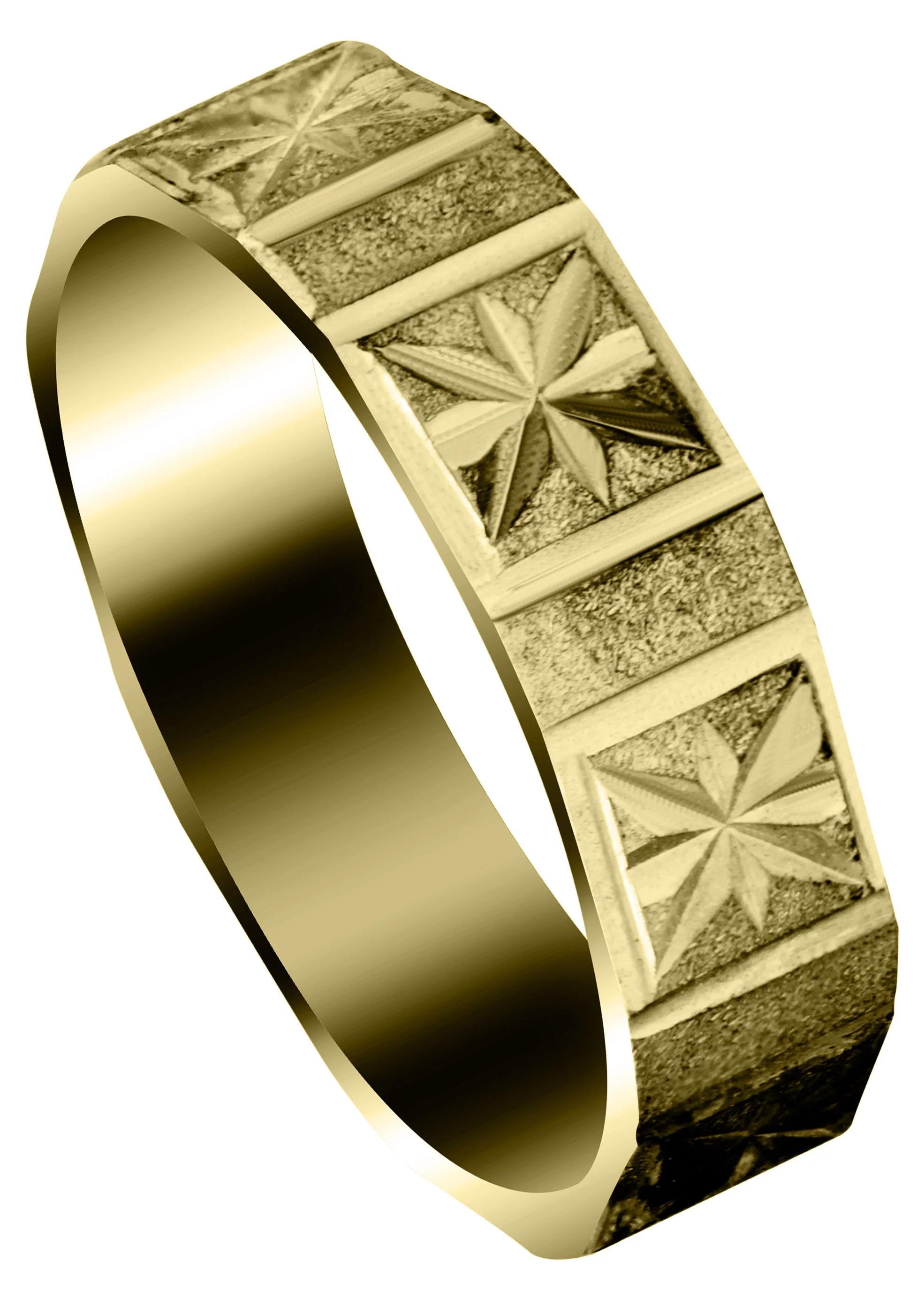 Yellow Gold Carved Diamond Cut Mens Wedding Band | Satin Finish (Greyson)