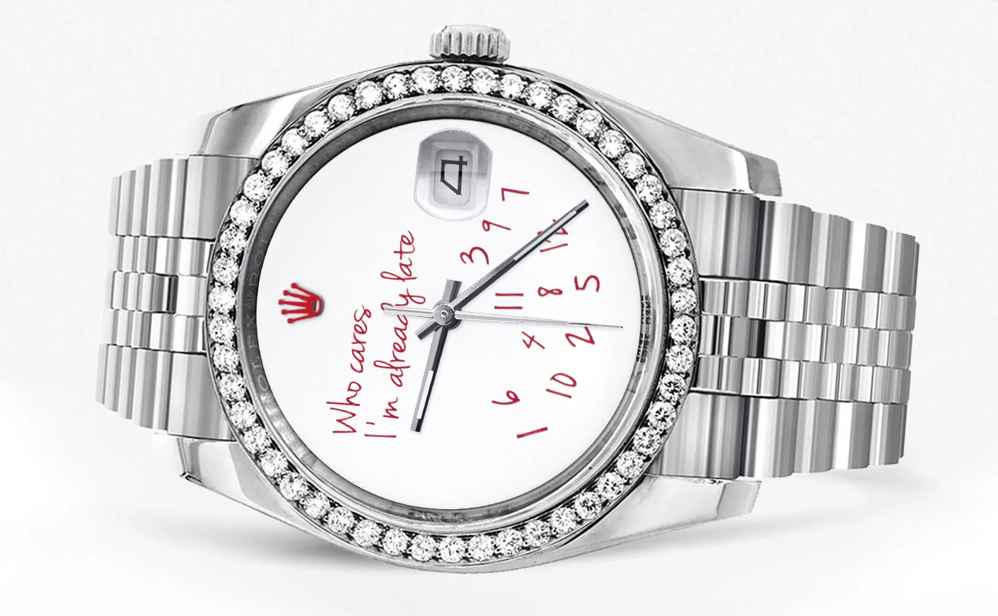 116200 | Hidden Clasp | Diamond Rolex Datejust Watch | 36Mm | "Who Cares I'm Already Late" Custom Dial | Jubilee Band - Image 2