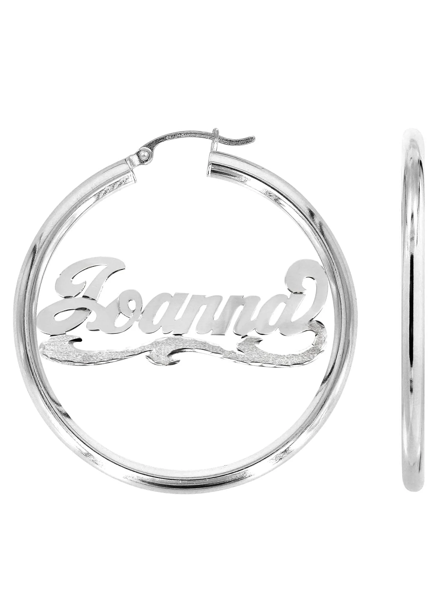 14K Ladies White Gold Diamond Cut Name Plate Hoop Earrings