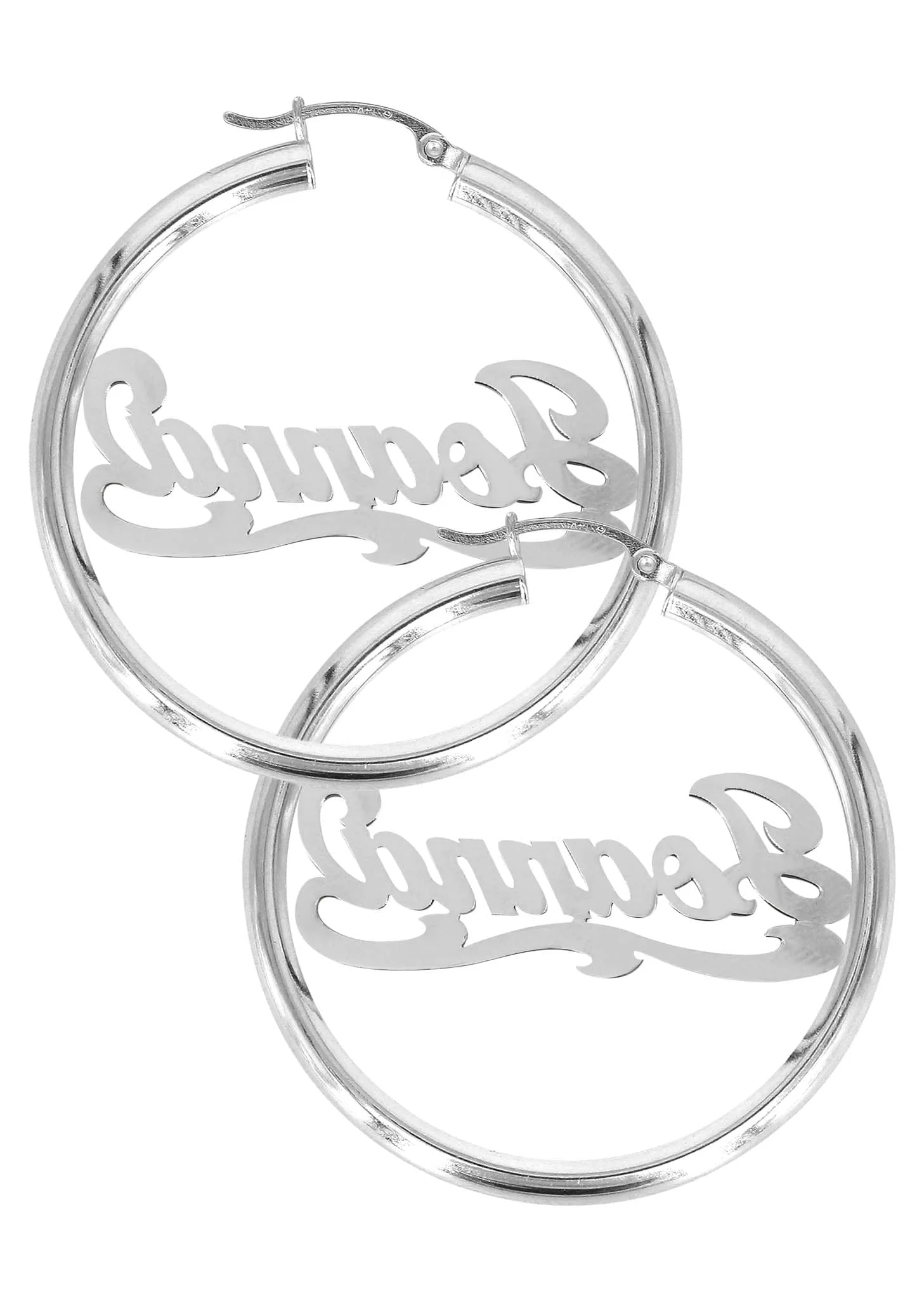 14K Ladies White Gold Diamond Cut Name Plate Hoop Earrings - Image 2
