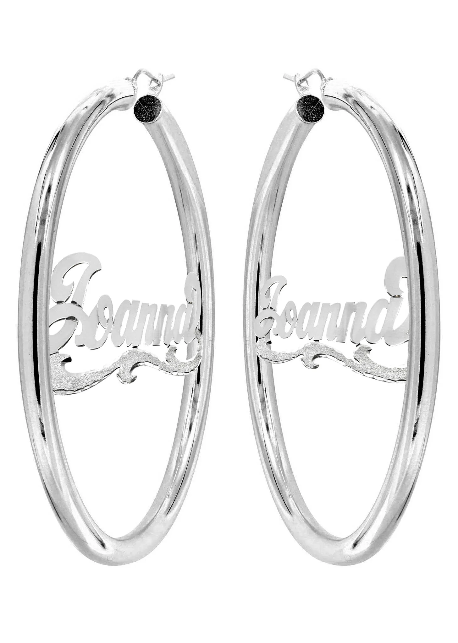 14K Ladies White Gold Diamond Cut Name Plate Hoop Earrings - Image 3