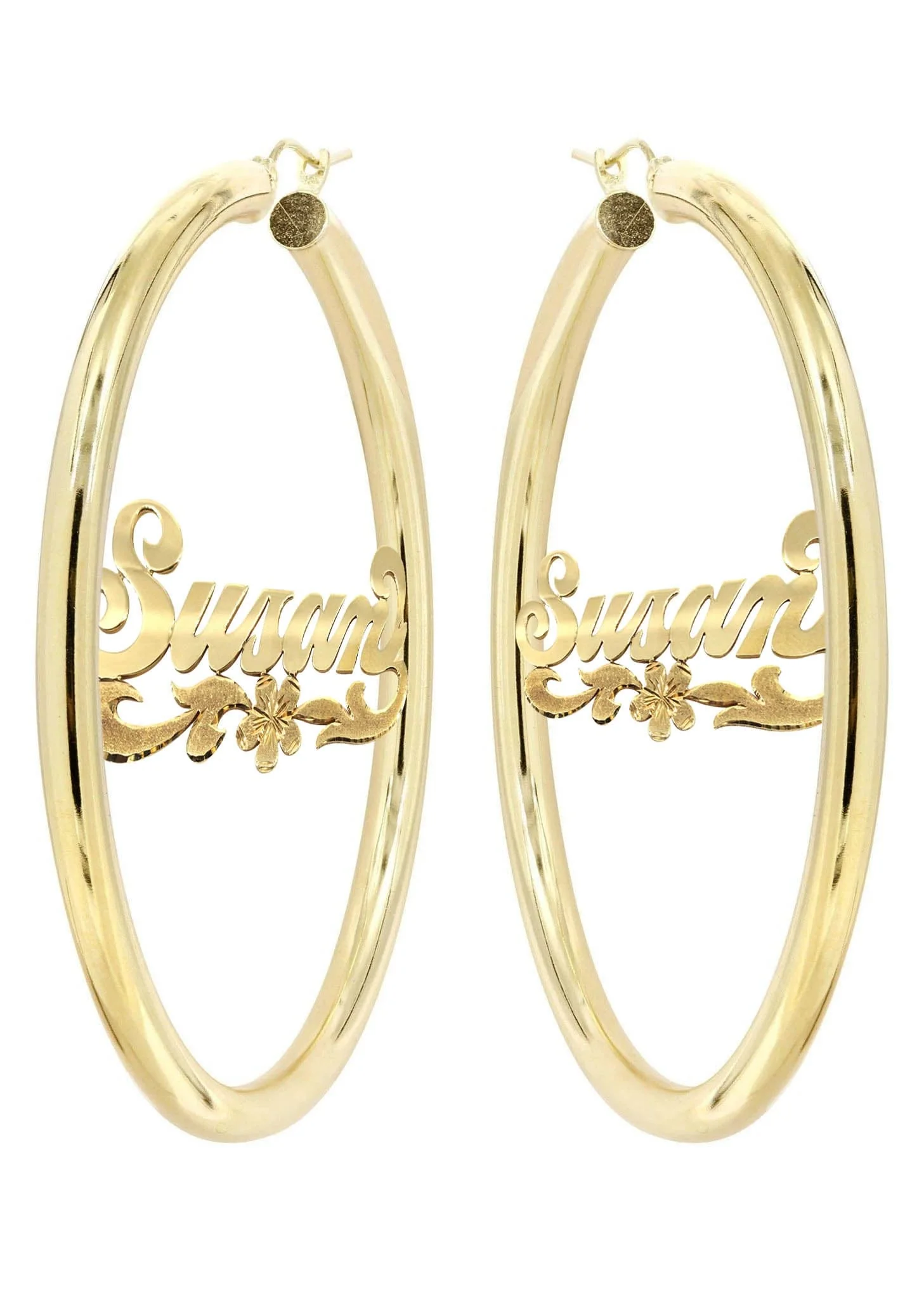14K Ladies Diamond Cut Name Plate Hoop Earrings - Image 3