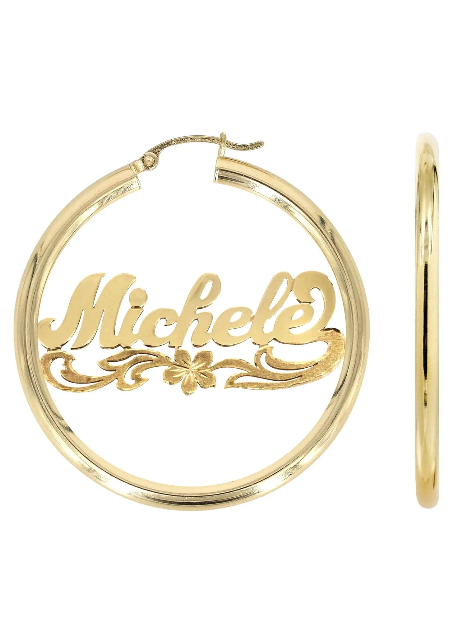 14K Ladies Diamond Cut Name Plate Hoop Earrings