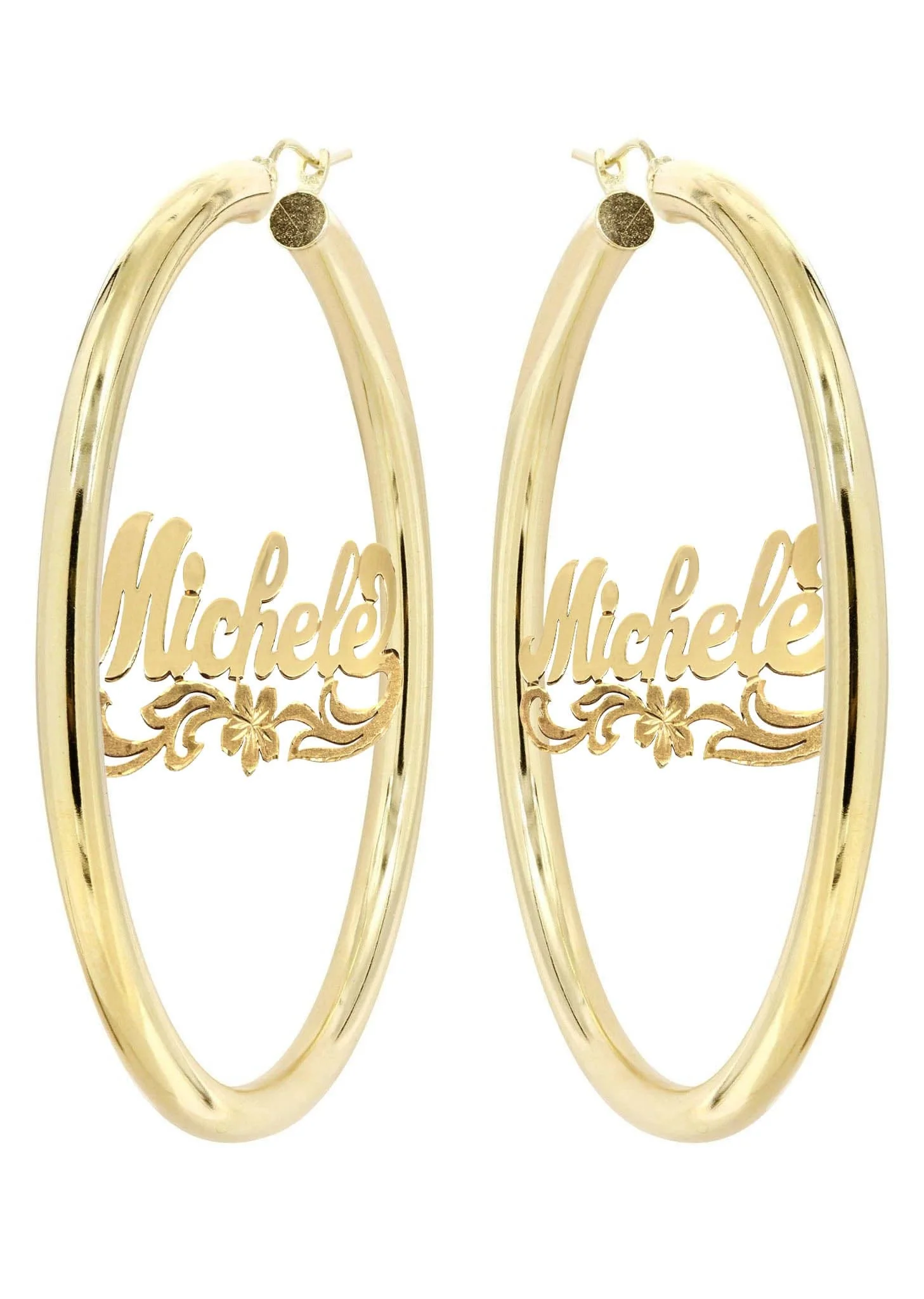 14K Ladies Diamond Cut Name Plate Hoop Earrings - Image 3