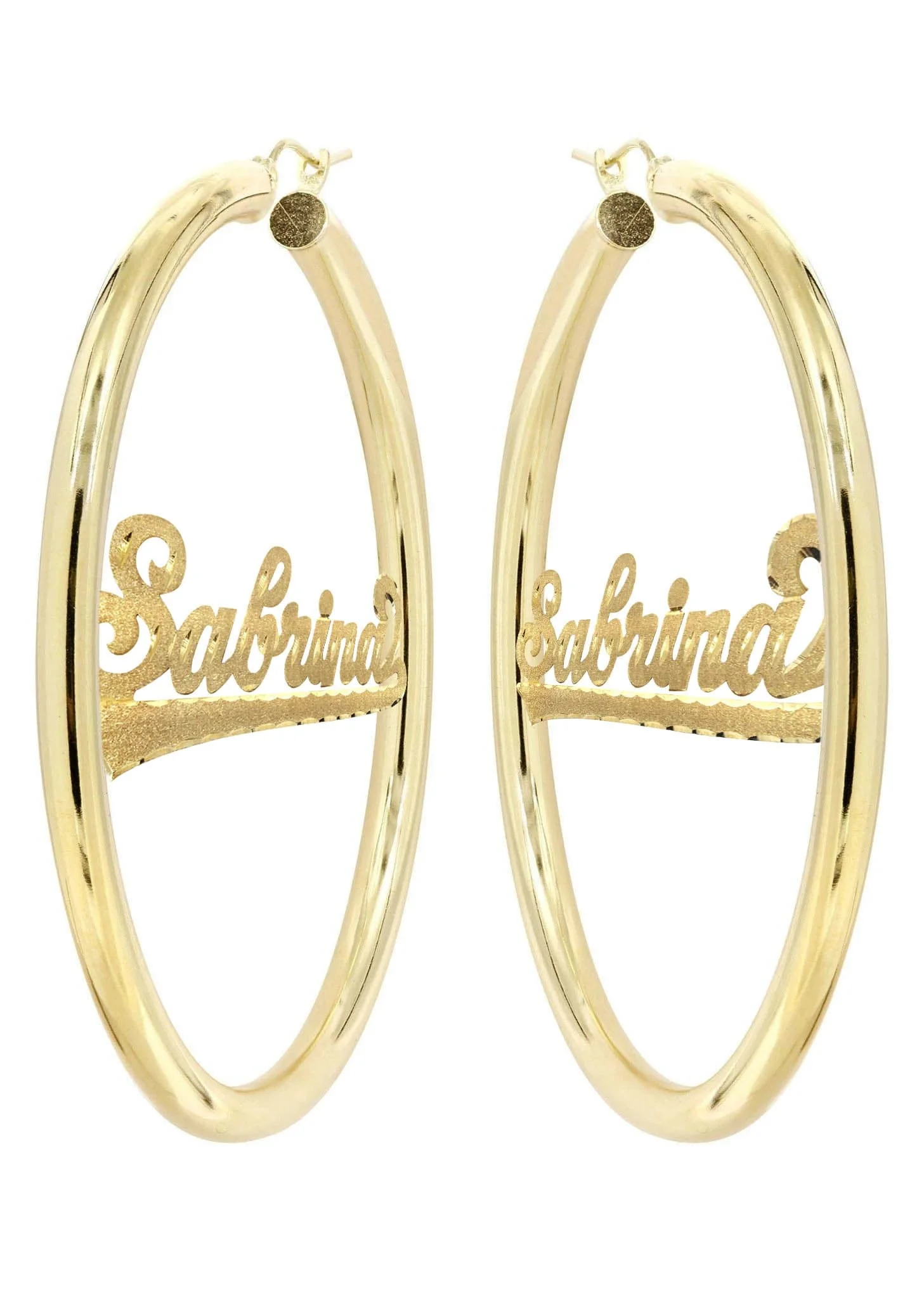 14K Ladies Diamond Cut Name Plate Hoop Earrings - Image 3