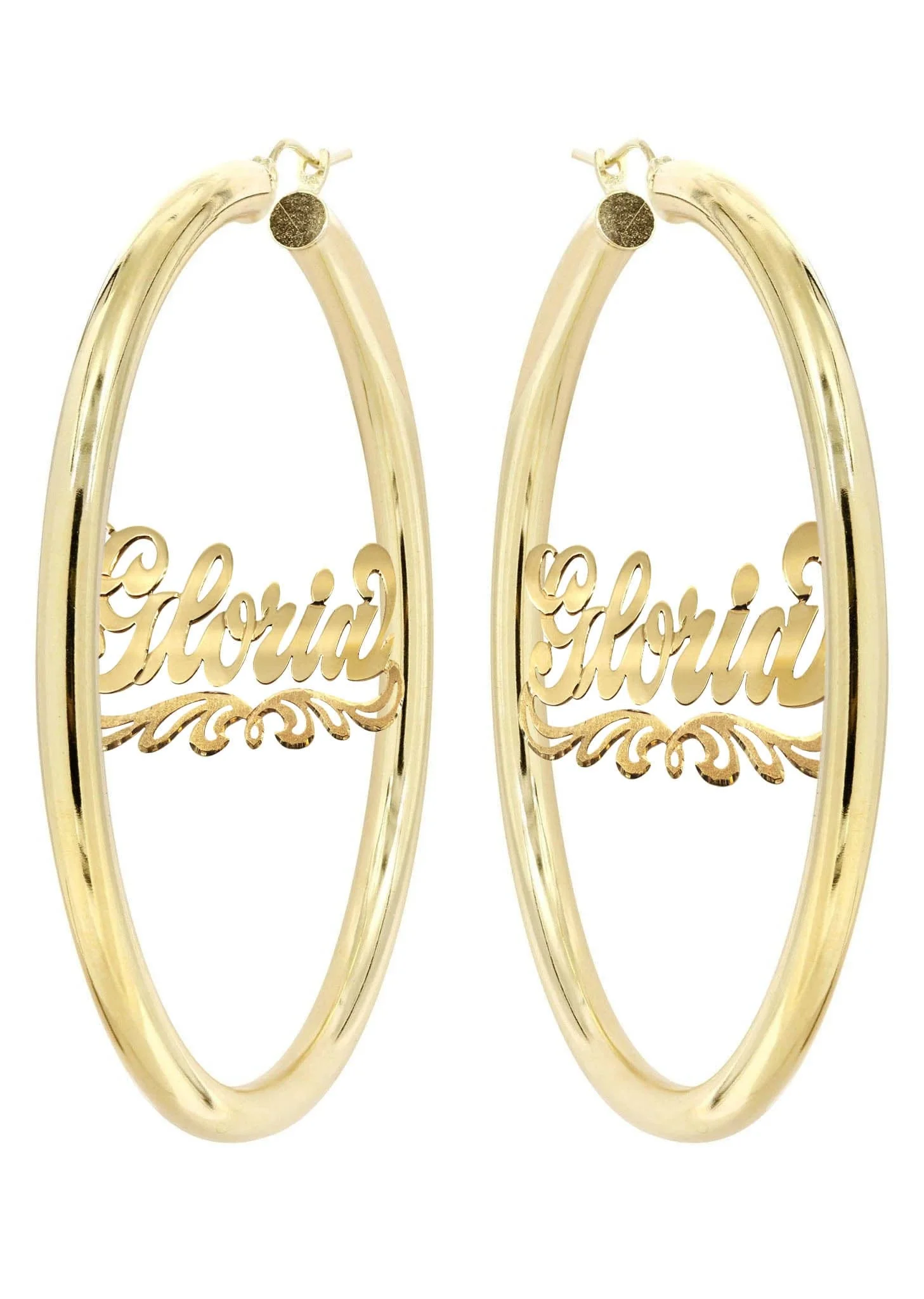 14K Ladies Diamond Cut Name Plate Hoop Earrings - Image 3