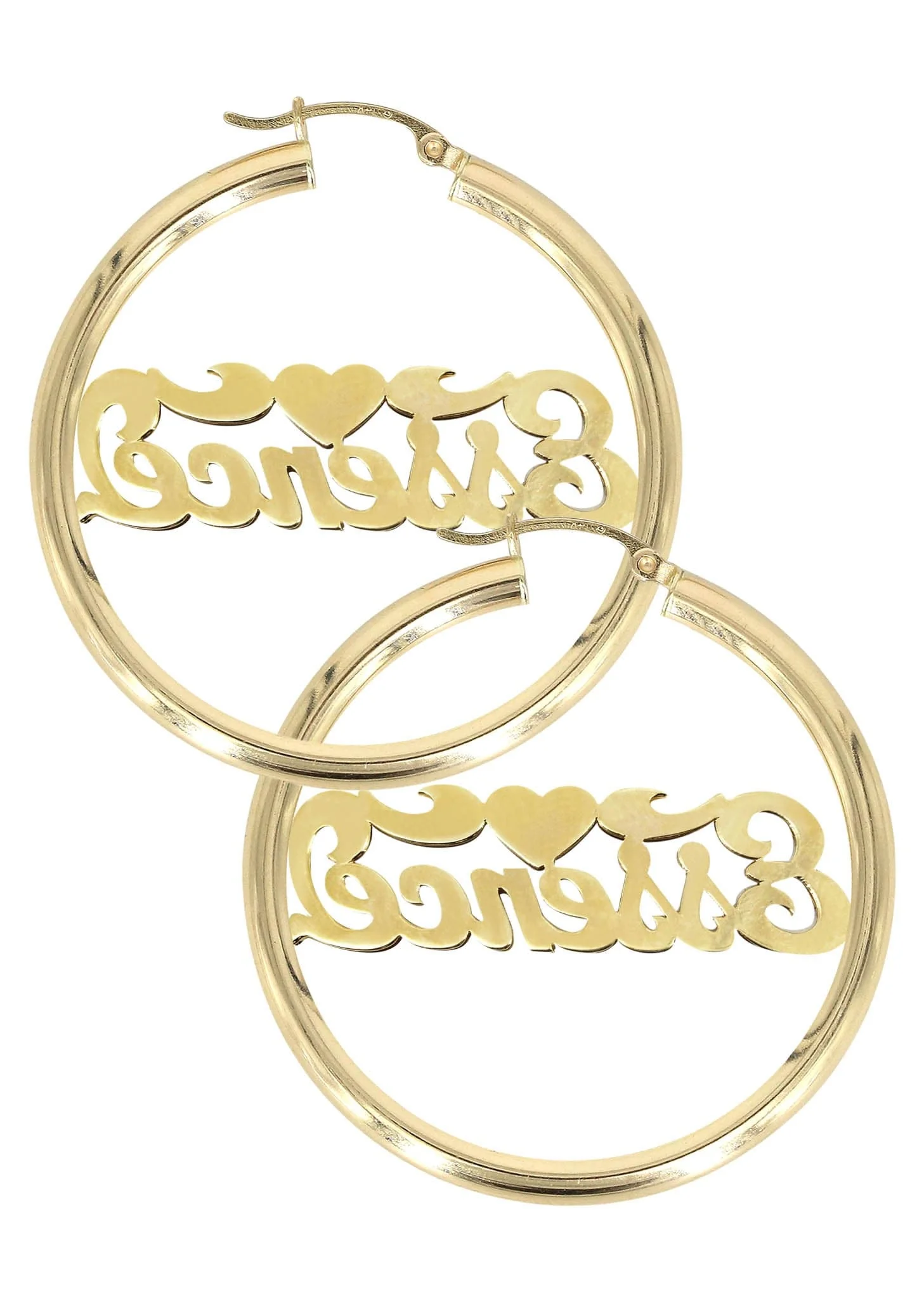 14K Ladies Two Tone Diamond Cut Name Plate Hoop Earrings - Image 2