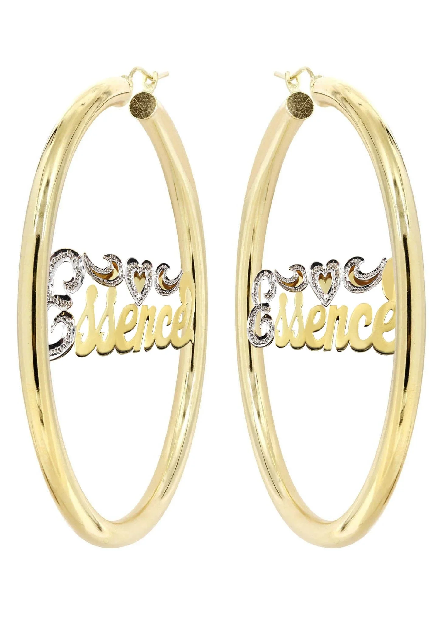14K Ladies Two Tone Diamond Cut Name Plate Hoop Earrings - Image 3