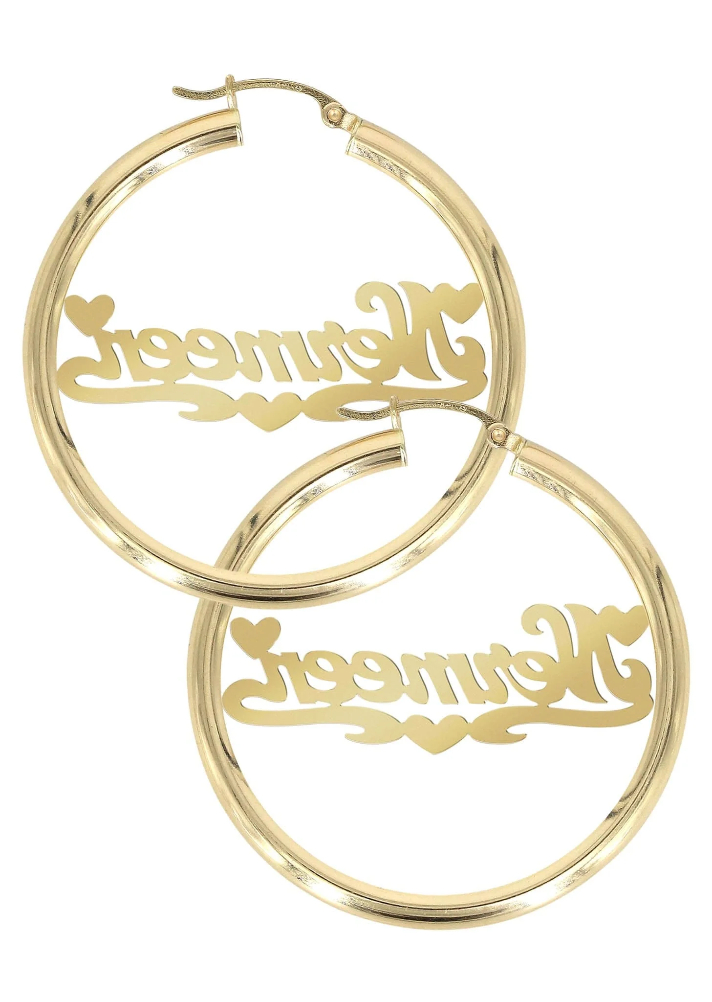 14K Ladies Two Tone Hearts Name Plate Hoop Earrings - Image 2