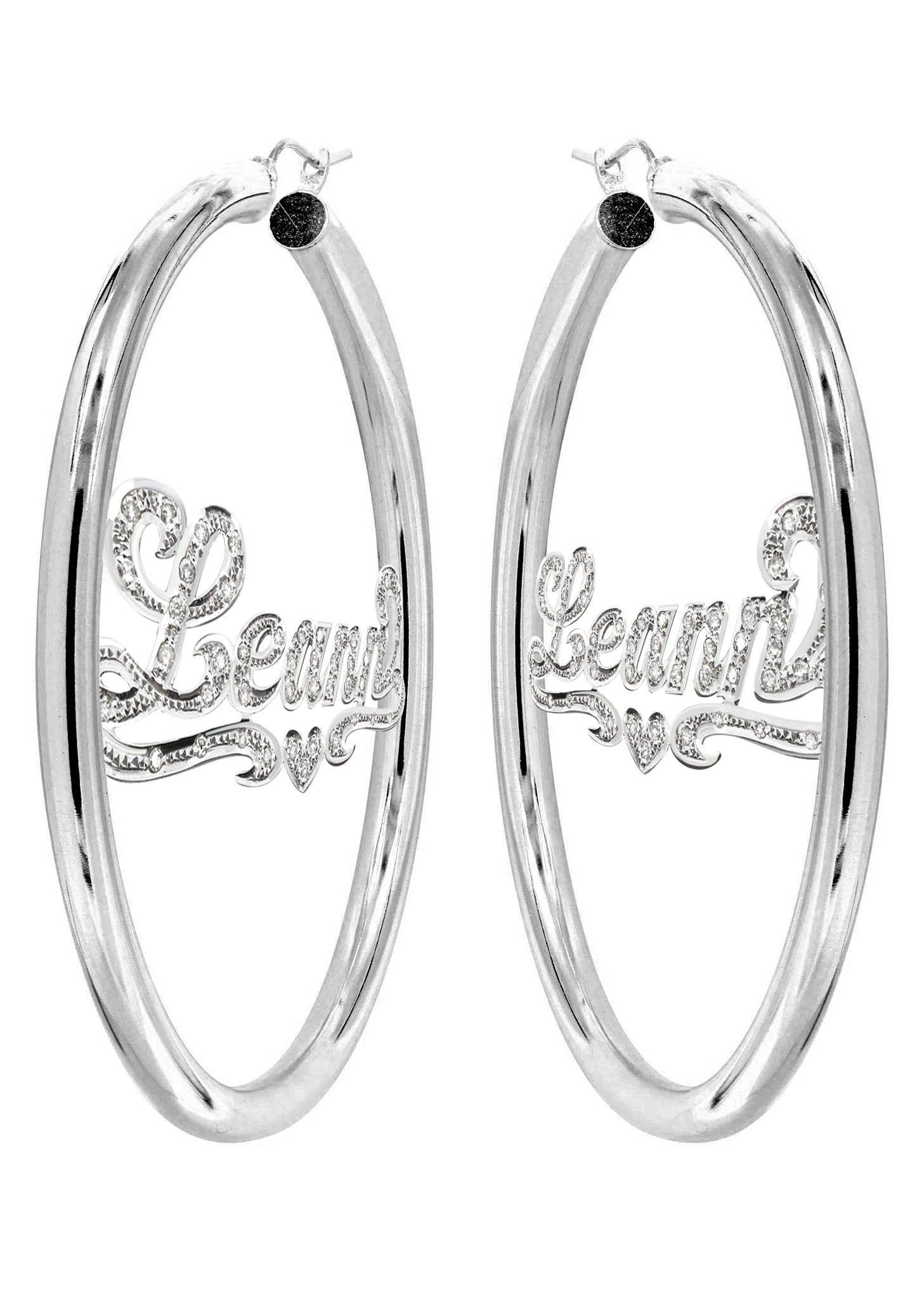14K Ladies White Gold with Diamonds Name Plate Hoop Earrings - Image 3