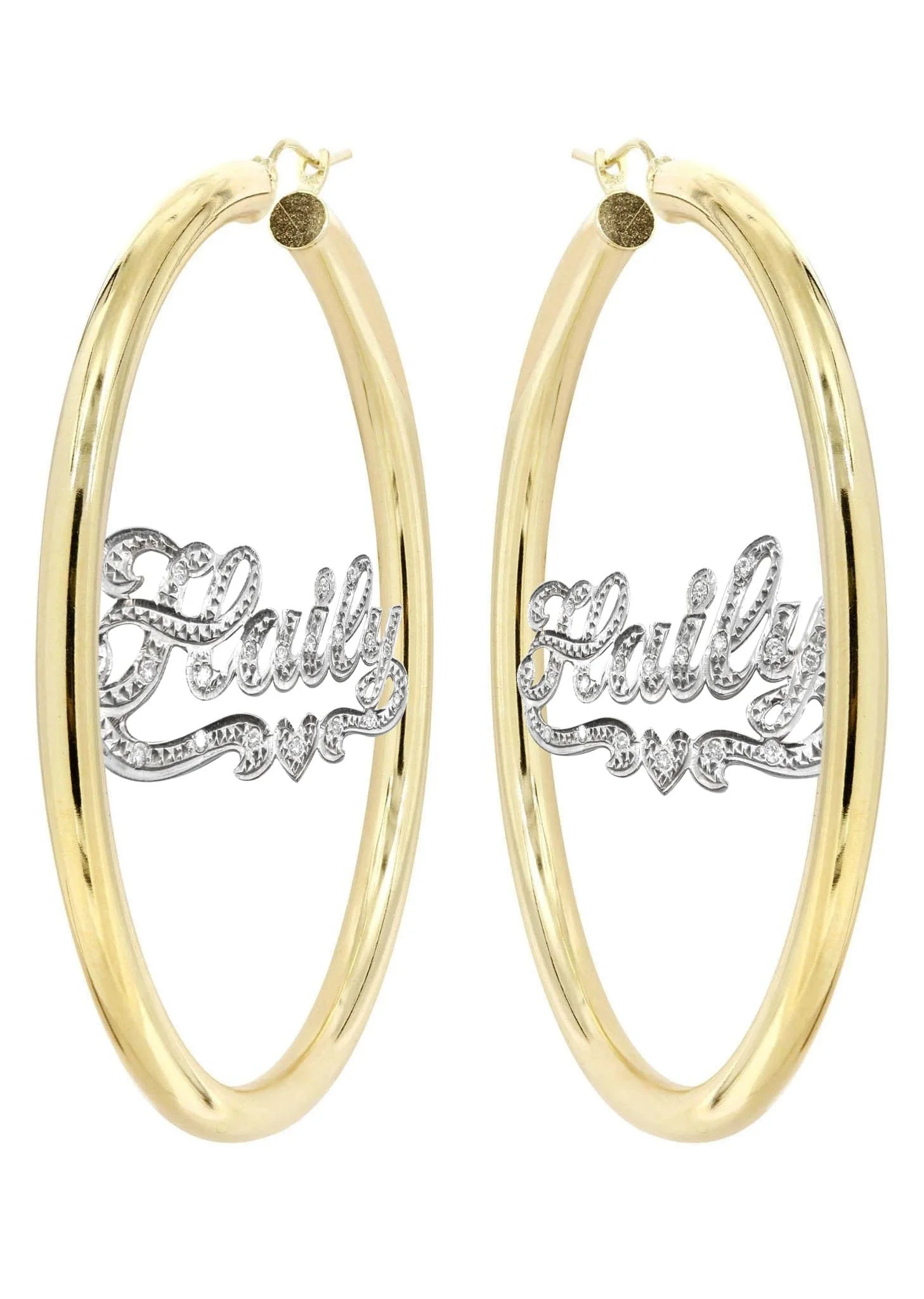 14K Ladies Diamond Cut with Diamonds Name Plate Hoop Earrings - Image 3