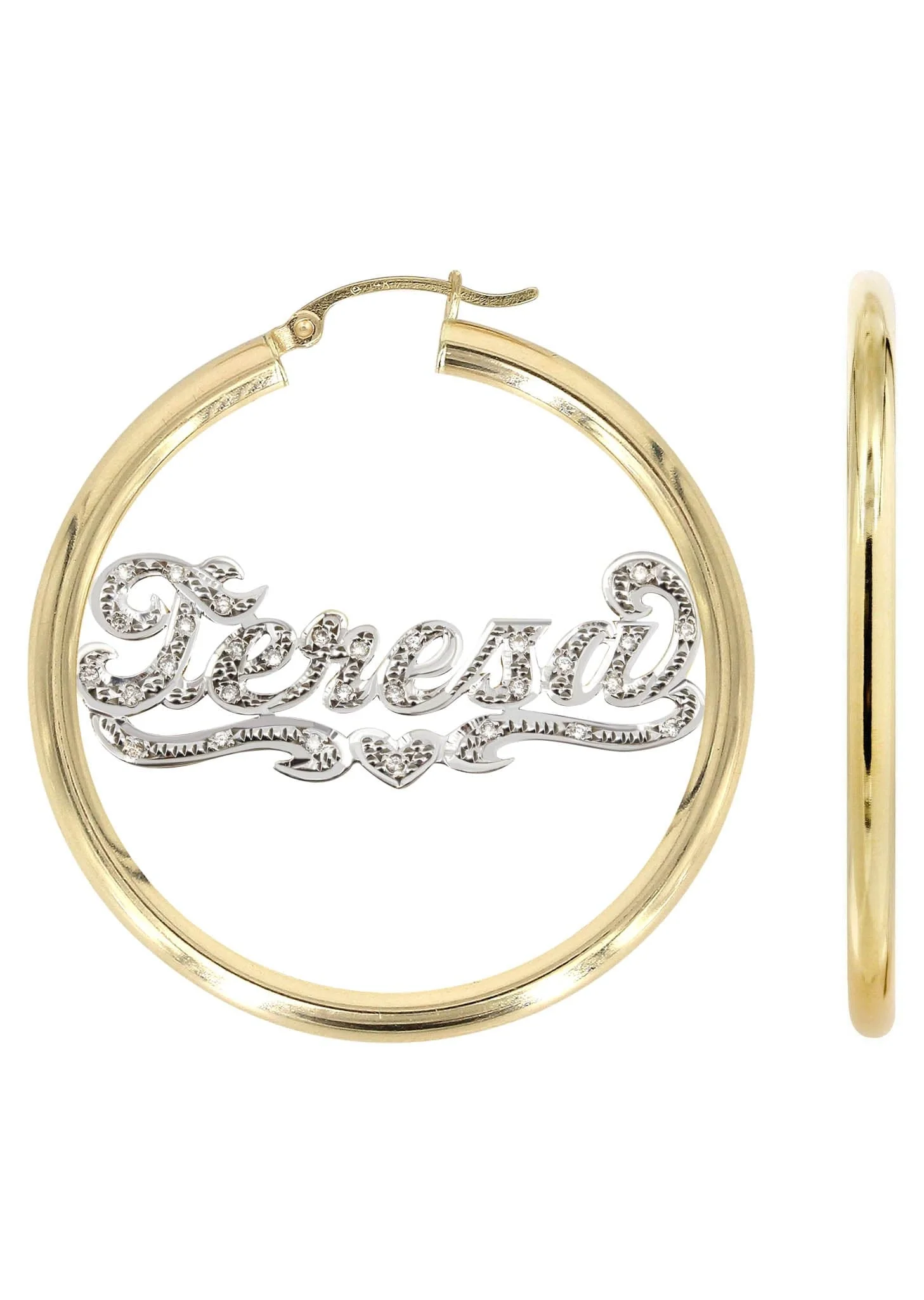 14K Ladies Diamond Cut with Diamonds Name Plate Hoop Earrings