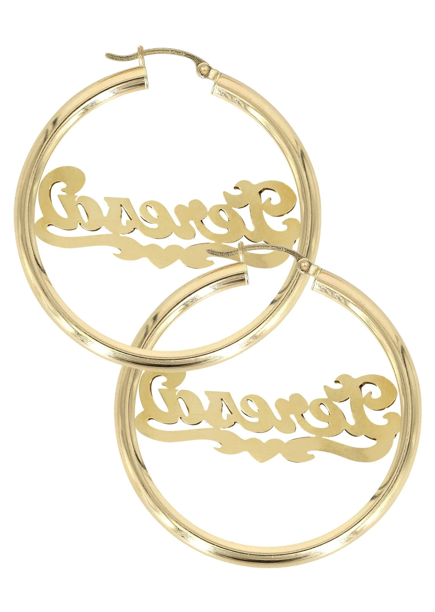 14K Ladies Diamond Cut with Diamonds Name Plate Hoop Earrings - Image 2