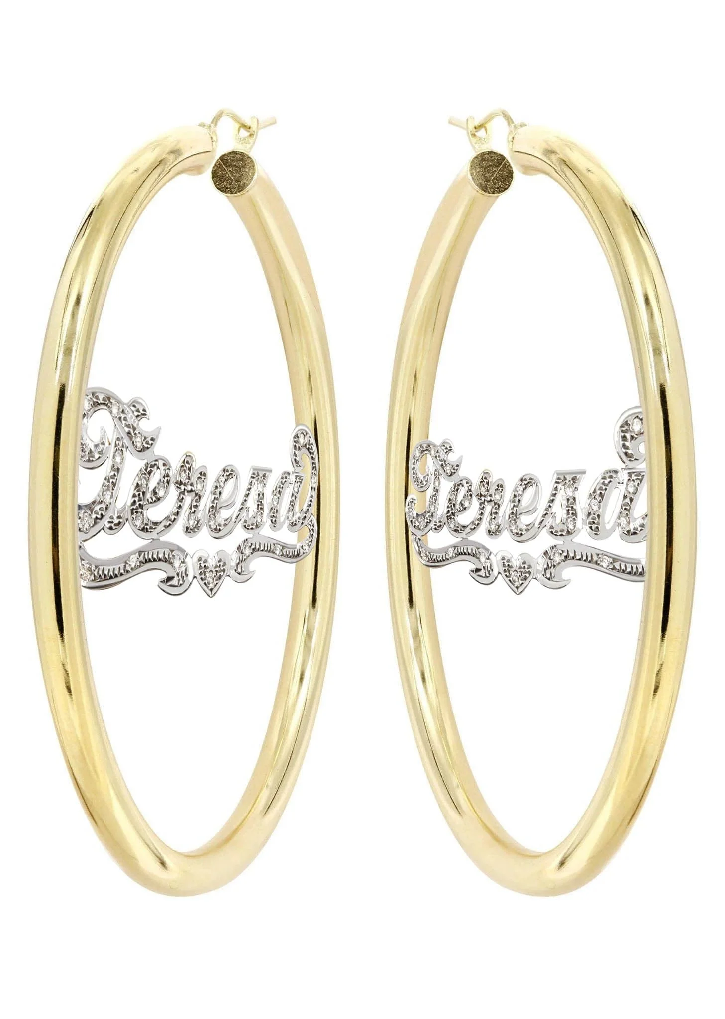 14K Ladies Diamond Cut with Diamonds Name Plate Hoop Earrings - Image 3