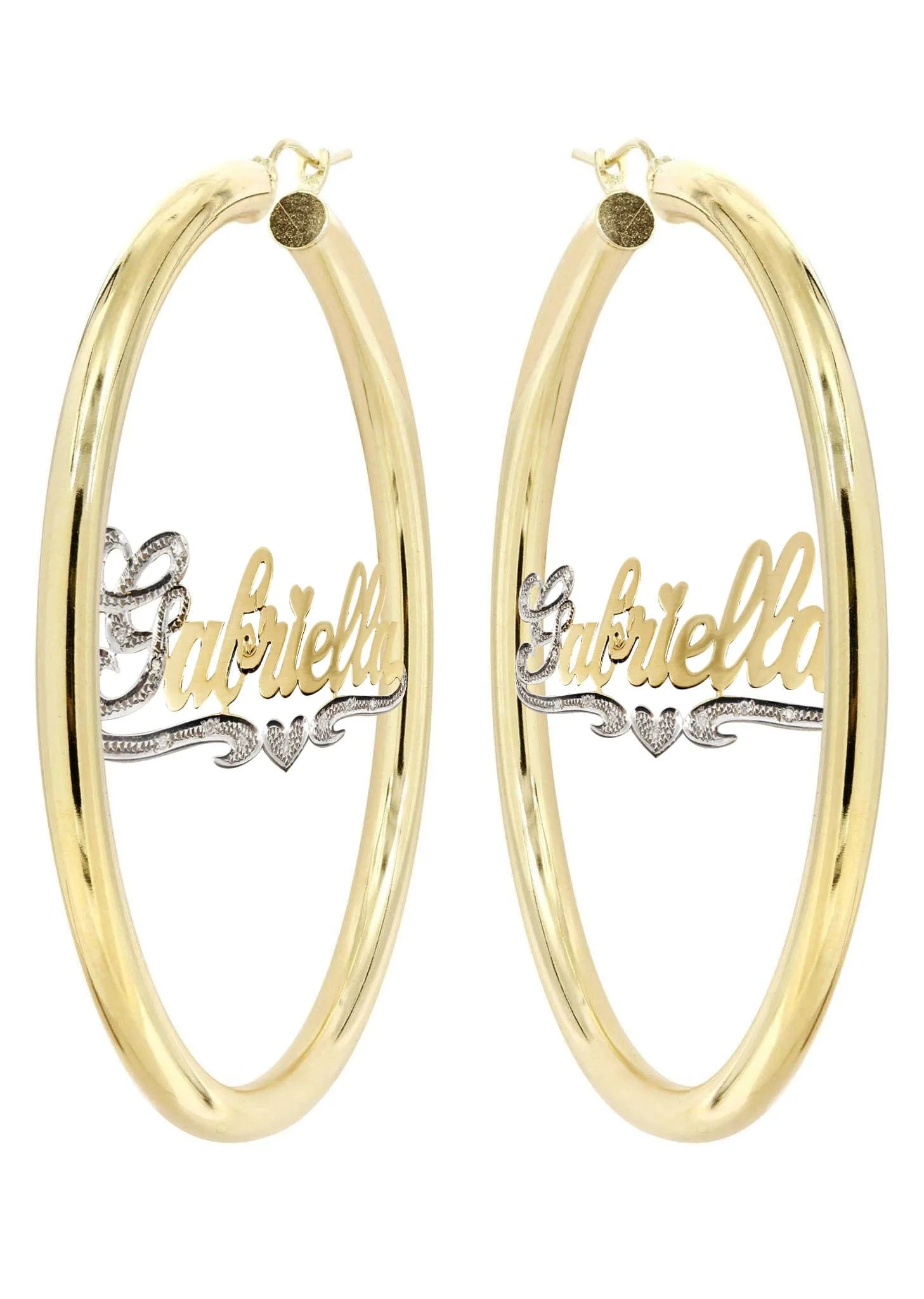 14K Ladies Two Tone Diamond Cut with Diamonds Name Plate Hoop Earrings - Image 3
