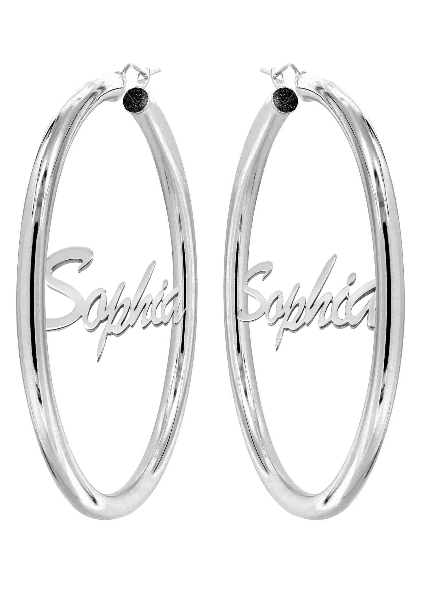 14K Ladies White Gold Name Plate Hoop Earrings - Image 3
