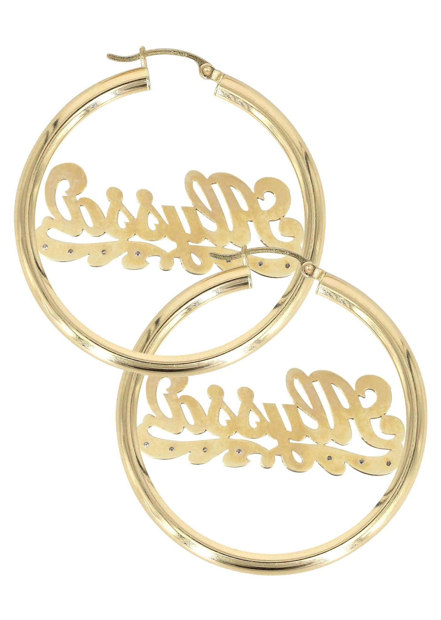 14K Ladies Plain & Diamond Cut with Diamonds Name Plate Hoop Earrings - Image 2