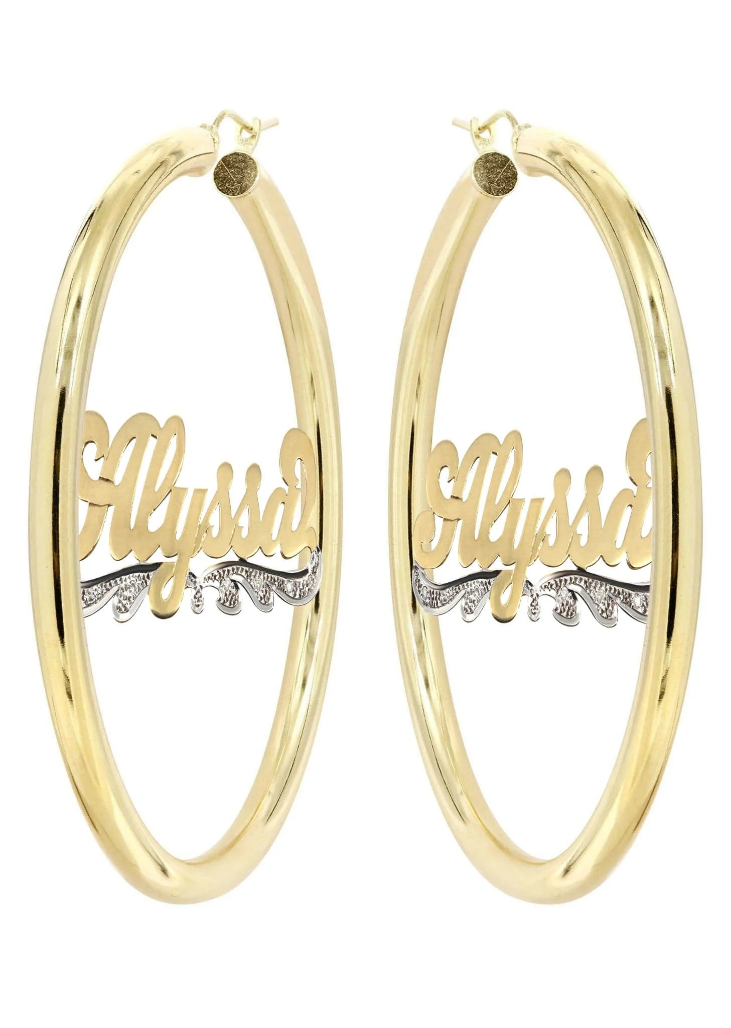 14K Ladies Plain & Diamond Cut with Diamonds Name Plate Hoop Earrings - Image 3