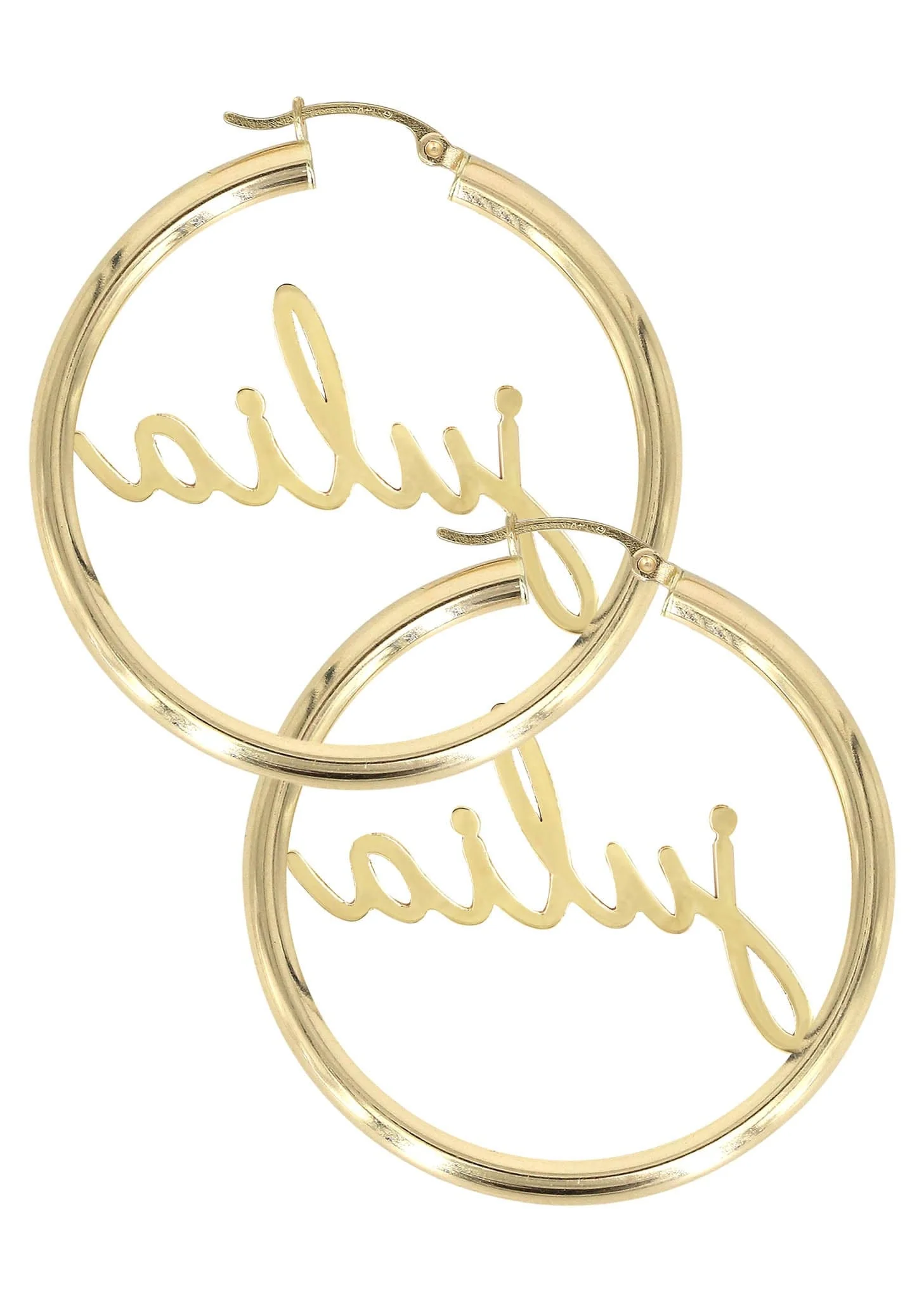 14K Gold Ladies Full Diamond Script Name Plate Hoop Earrings - Image 2