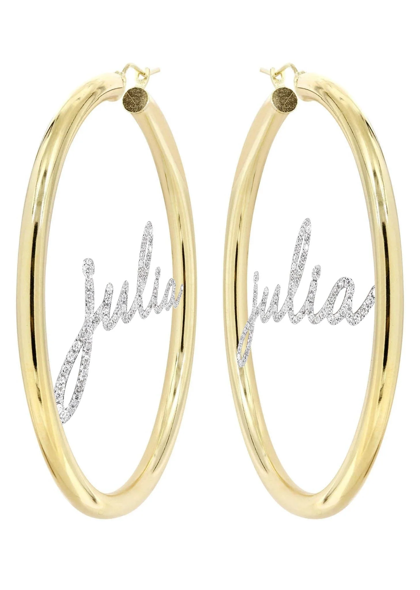 14K Gold Ladies Full Diamond Script Name Plate Hoop Earrings - Image 3