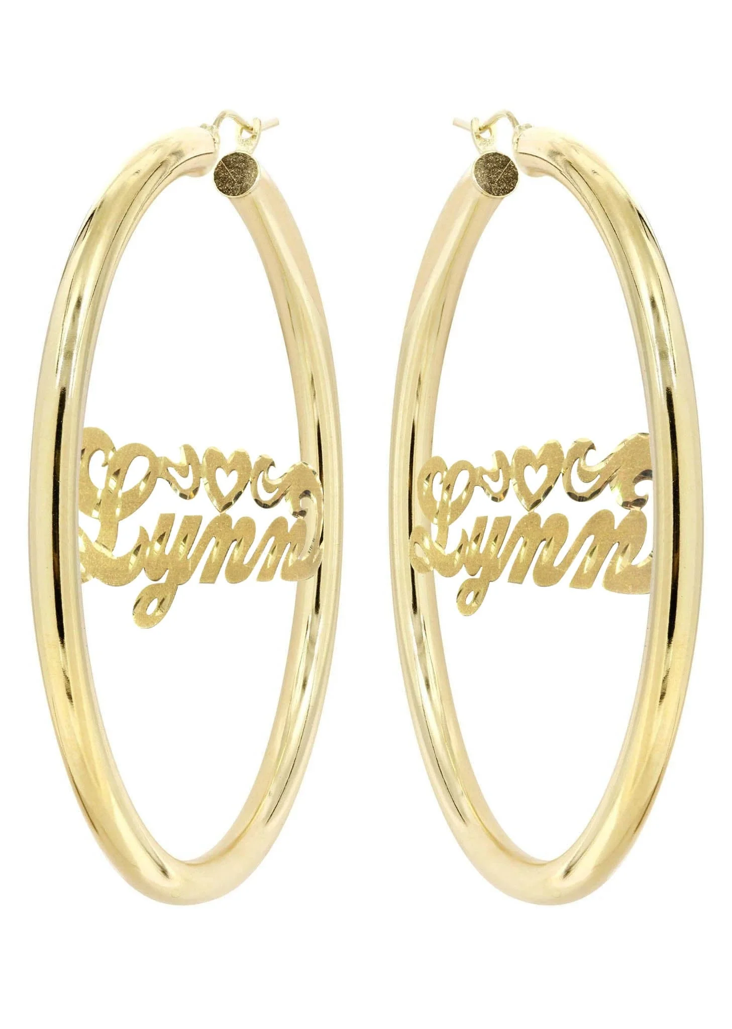 14K Ladies Diamond Cut Heart Name Plate Hoop Earrings - Image 3