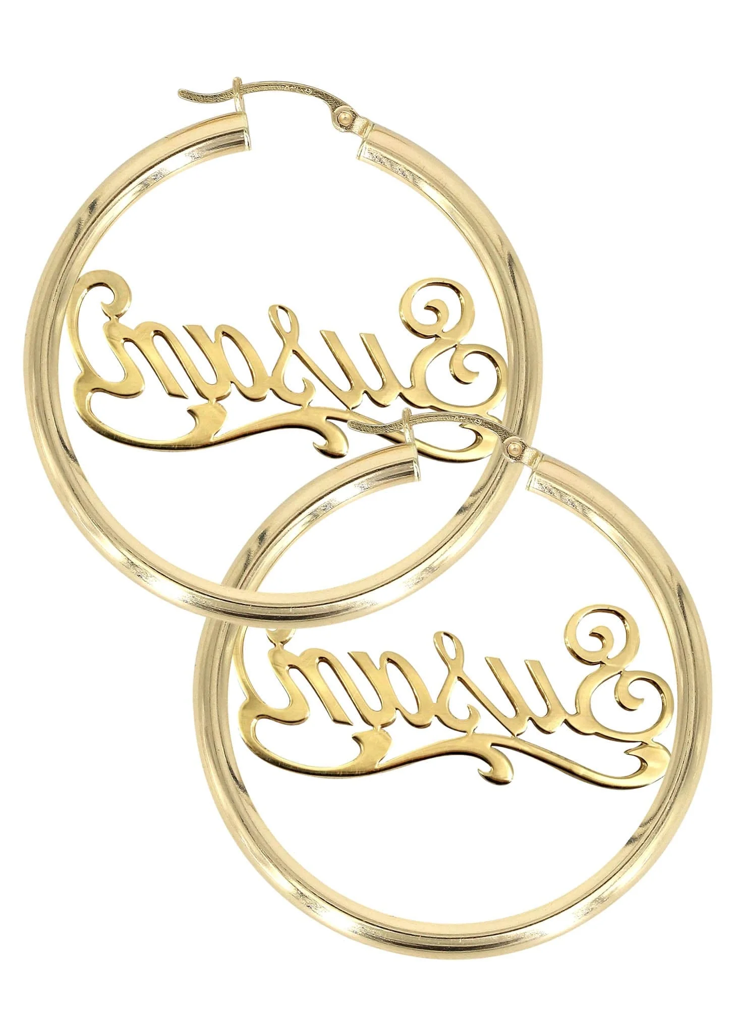 14K Ladies Plain Gold Name Plate Hoop Earrings - Image 2