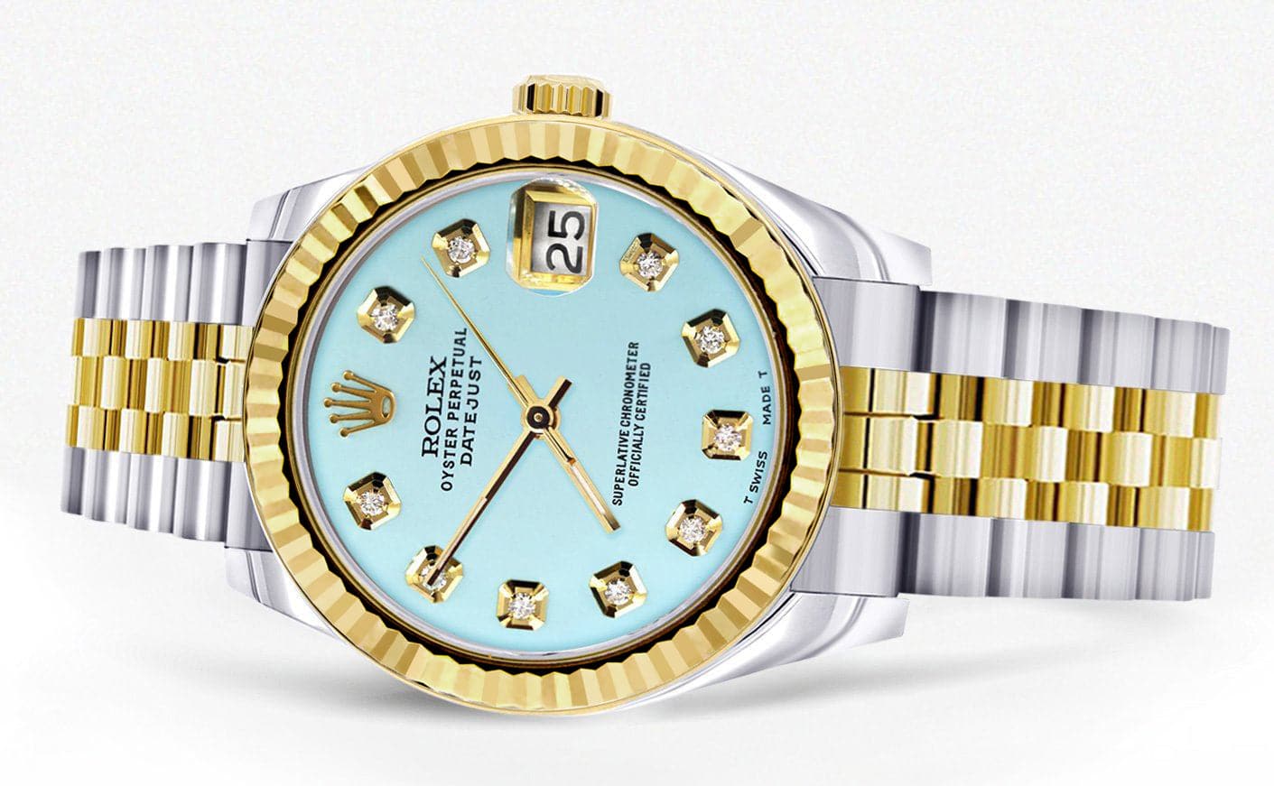 Diamond Gold Rolex Watch | 68273 | Fluted Bezel | 31MM | Baby Blue Diamond Dial | Jubilee Band - Image 2
