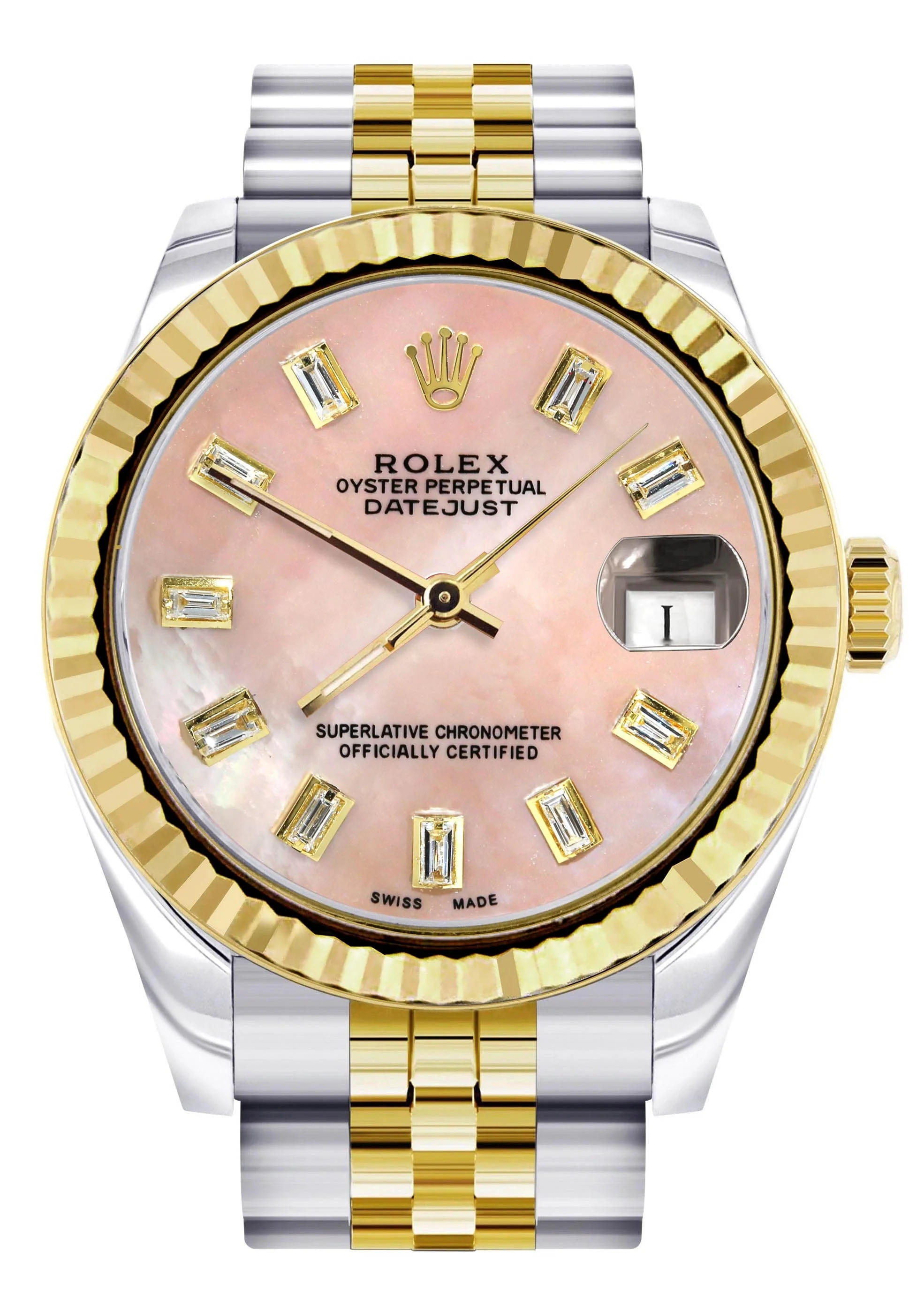 Diamond Gold Rolex Watch | 68273 | Fluted Bezel | 31MM | Pink Mother of Pearl Diamond Dial | Jubilee Band